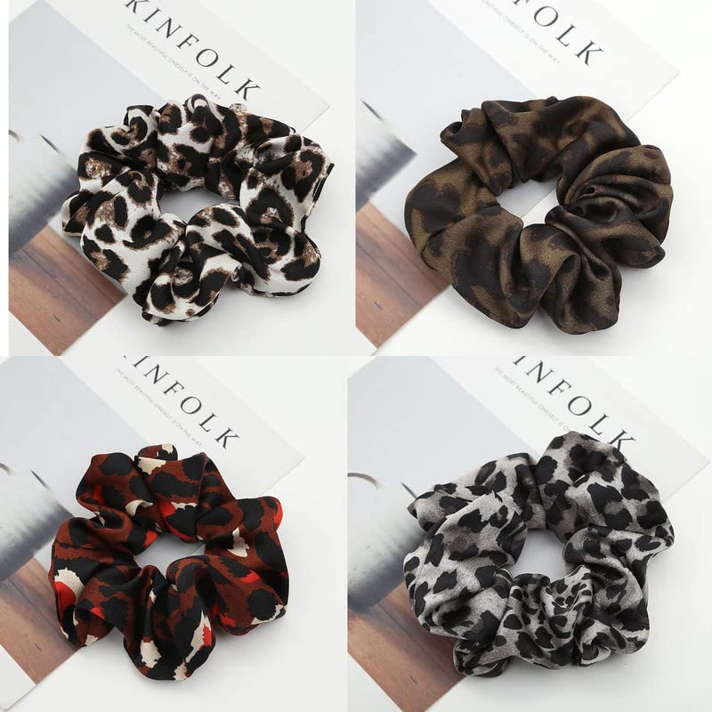 Cheetah Print Hair Scrunchies 5-Pack - Large Fashion Chiffon Leopard-Pattern Ponytail Holders, Elastic Hair Ties & Bands for Women - Perfect for Workouts, Office, and Casual Styling
