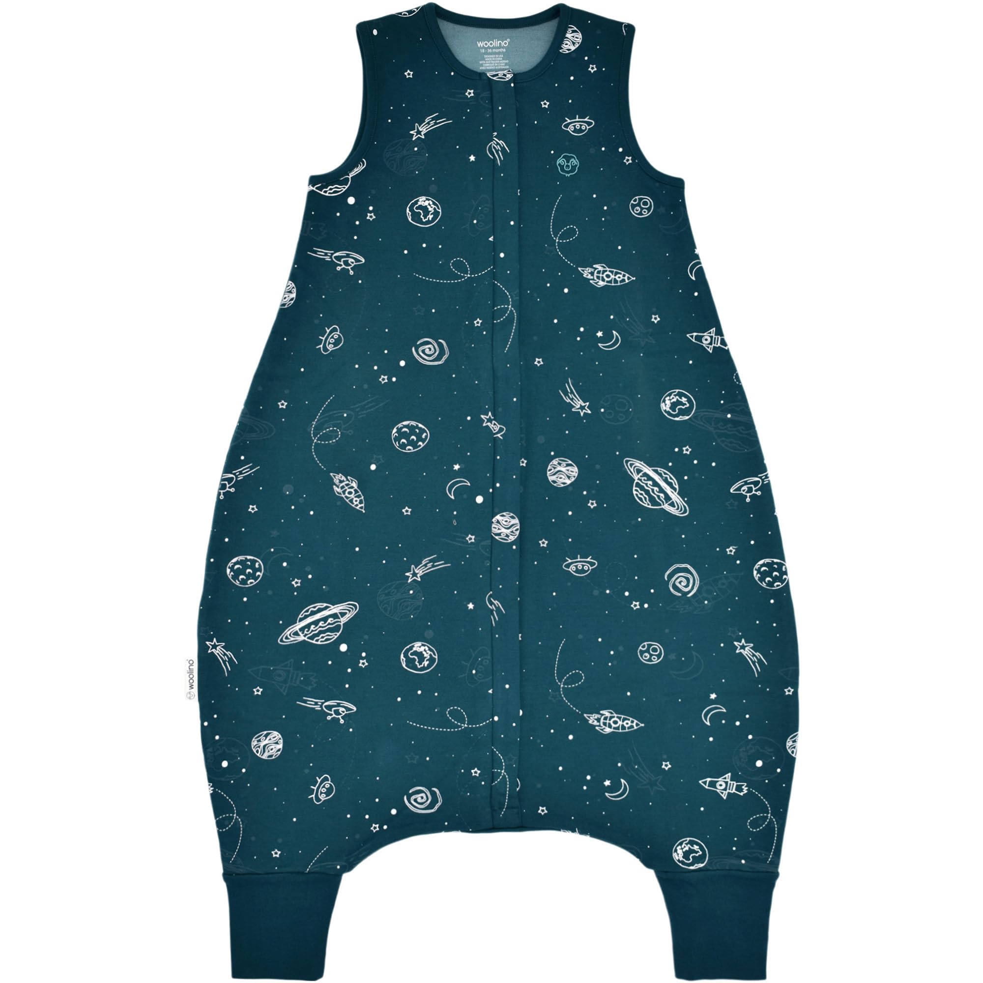 Woolino 4 Season Baby Sleep Sack with Feet - Australian Merino Wool & Organic Cotton - Toddler Sleeping Bag for 18-36 Months - Space Theme Glow in The Dark - Perfect for Nursery, Daycare & Travel