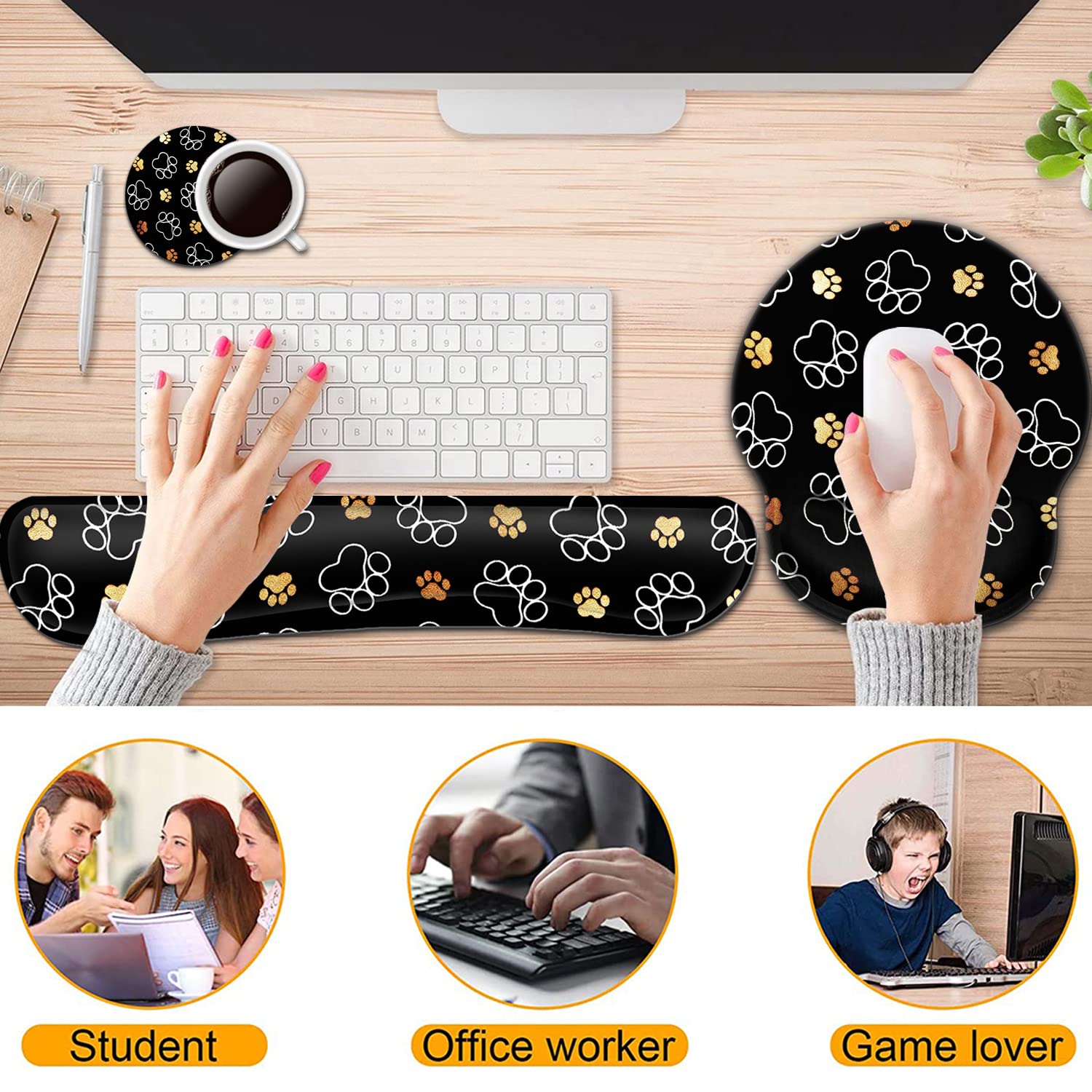 Ergonomic Keyboard Wrist Rest & Mouse Pad Set with Memory Foam & Gel Support - Cute Dog Paw Prints in Gold & White for Pain Relief & Comfort - Perfect for Office, Gaming & Long Computer Work Sessions