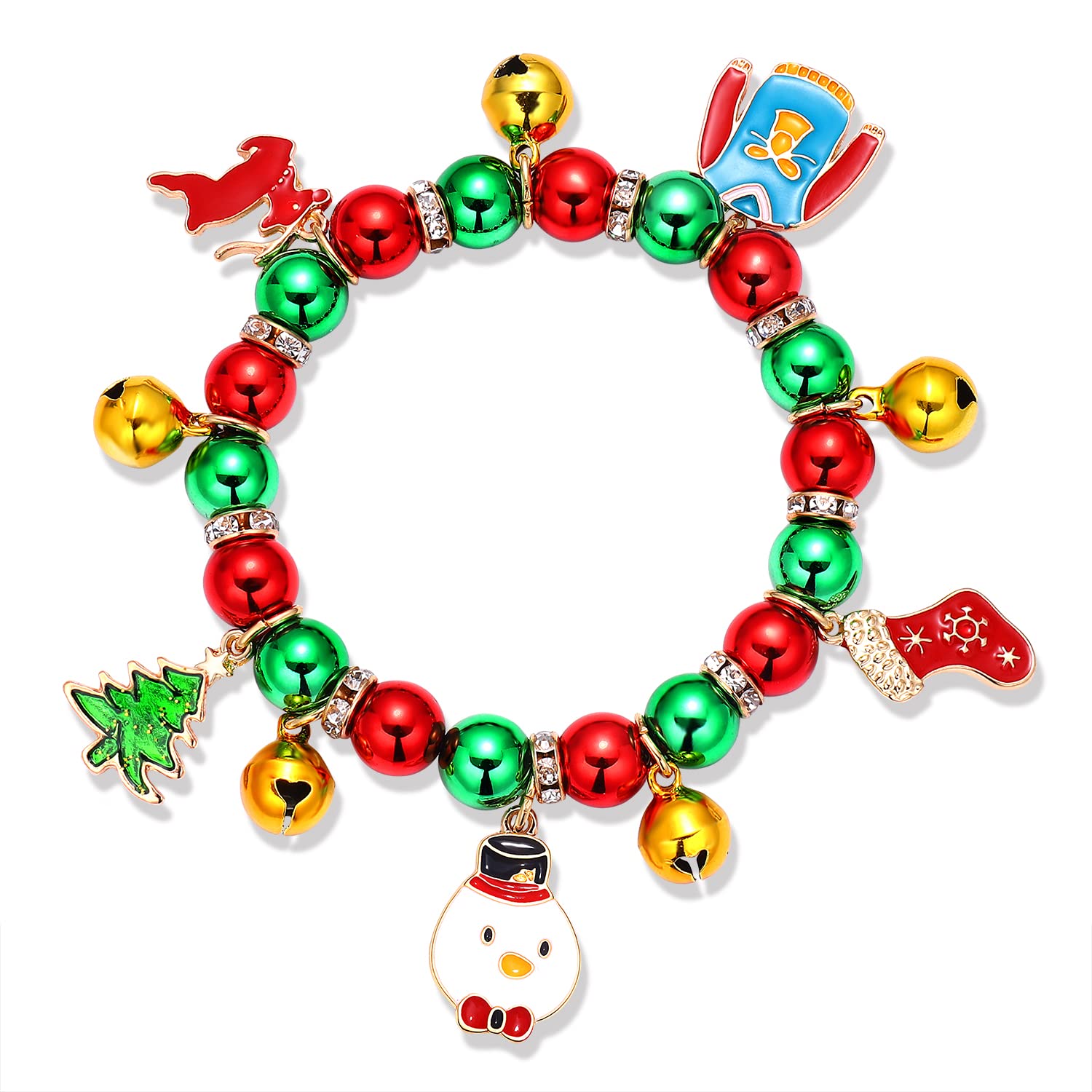 Christmas Bracelets for Women - Jingle Bell, Reindeer & Snowman Charm Beaded Stretch Bracelet - Holiday Party Gift for Christmas, Xmas Tree Decoration, Office Exchange, Stocking Stuffer