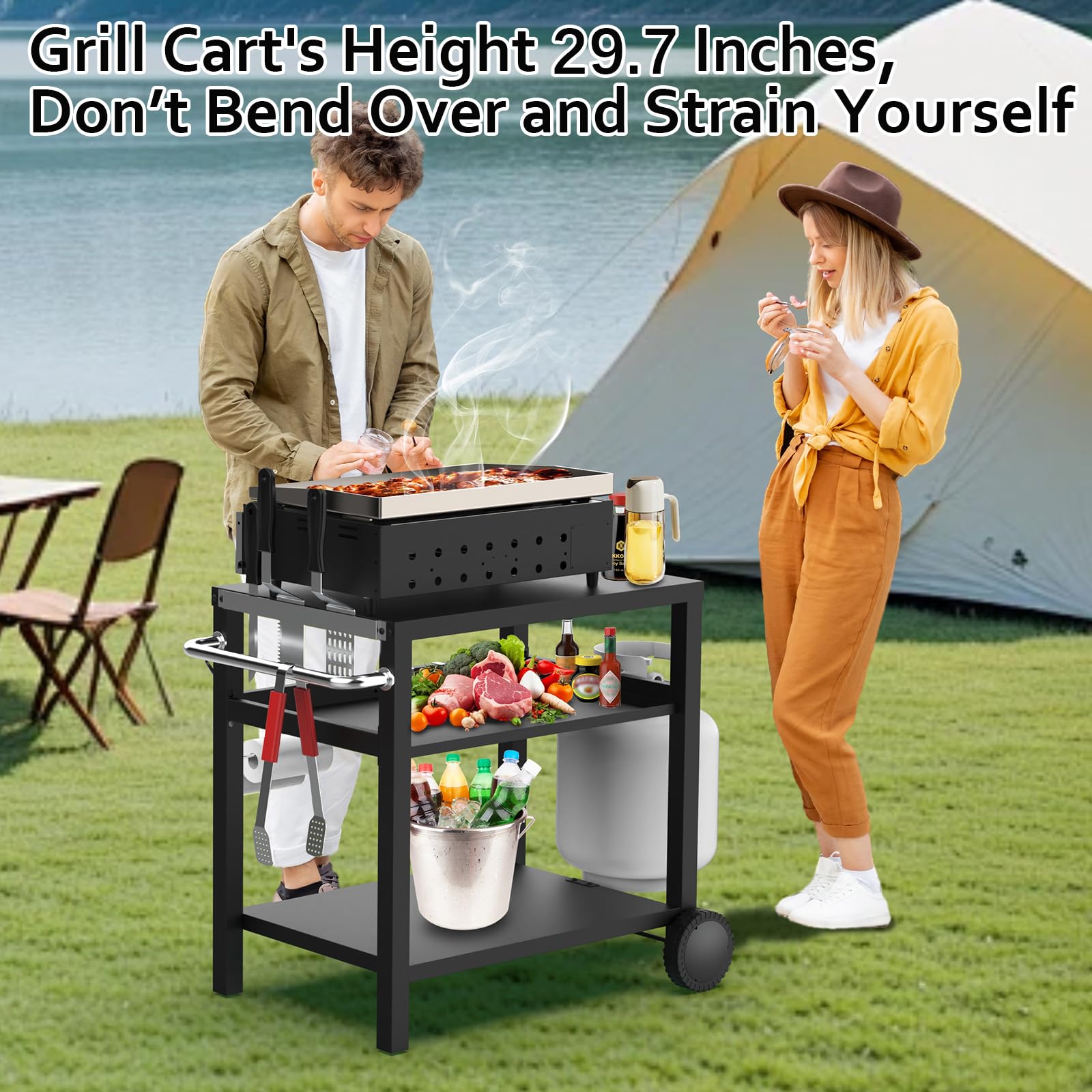 Portable BBQ Grill Cart with 3 Shelves - Outdoor Patio Kitchen Cooking & Camping Grill Stand with Wheels, Hooks, Towel Holder & Bottle Opener - Easy Assembly (29.5 x 19.6 x 29.7 Inches) - Perfect for Picnics, Backyard BBQs, Tailgating & Camping Trips