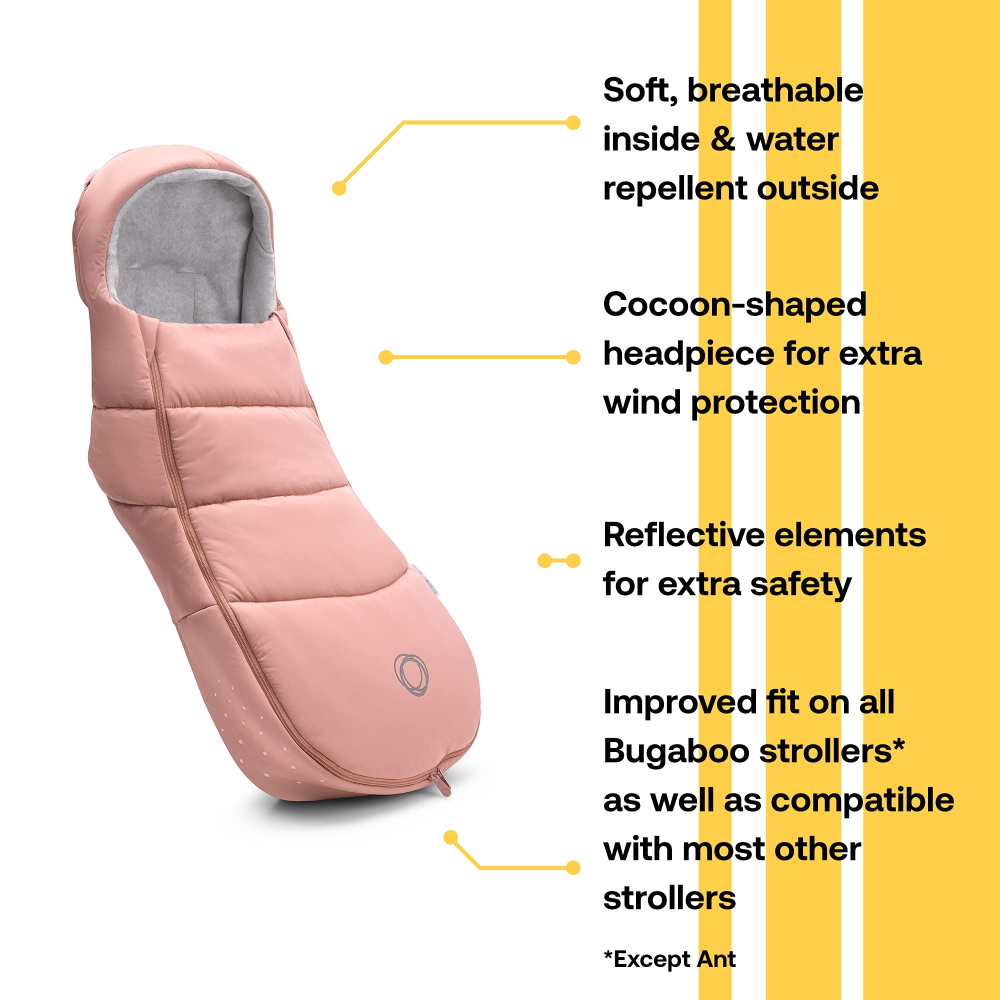 Bugaboo All-Season Stroller Footmuff - Weatherproof & Removable Baby Stroller Accessory with Climate Control & Reflective Trim - Evening Pink for Winter, Rainy Days & Nighttime Walks