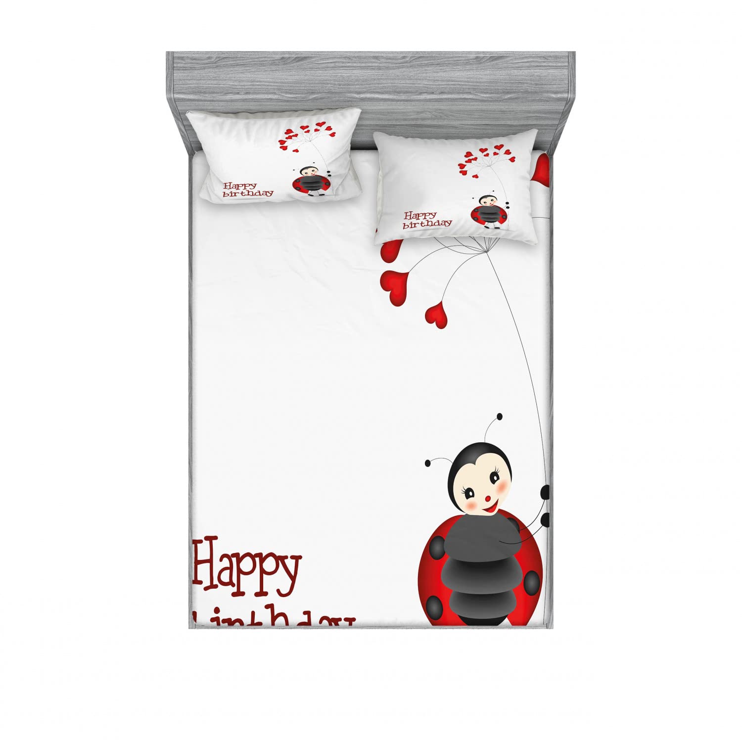 Ambesonne 2-Piece Queen Fitted Sheet & 4-Piece Pillow Sham Set - Ladybug Birthday Party Bedding Decor in White, Black & Red | Perfect for Kids' Rooms, Themed Parties & Holiday Decorations