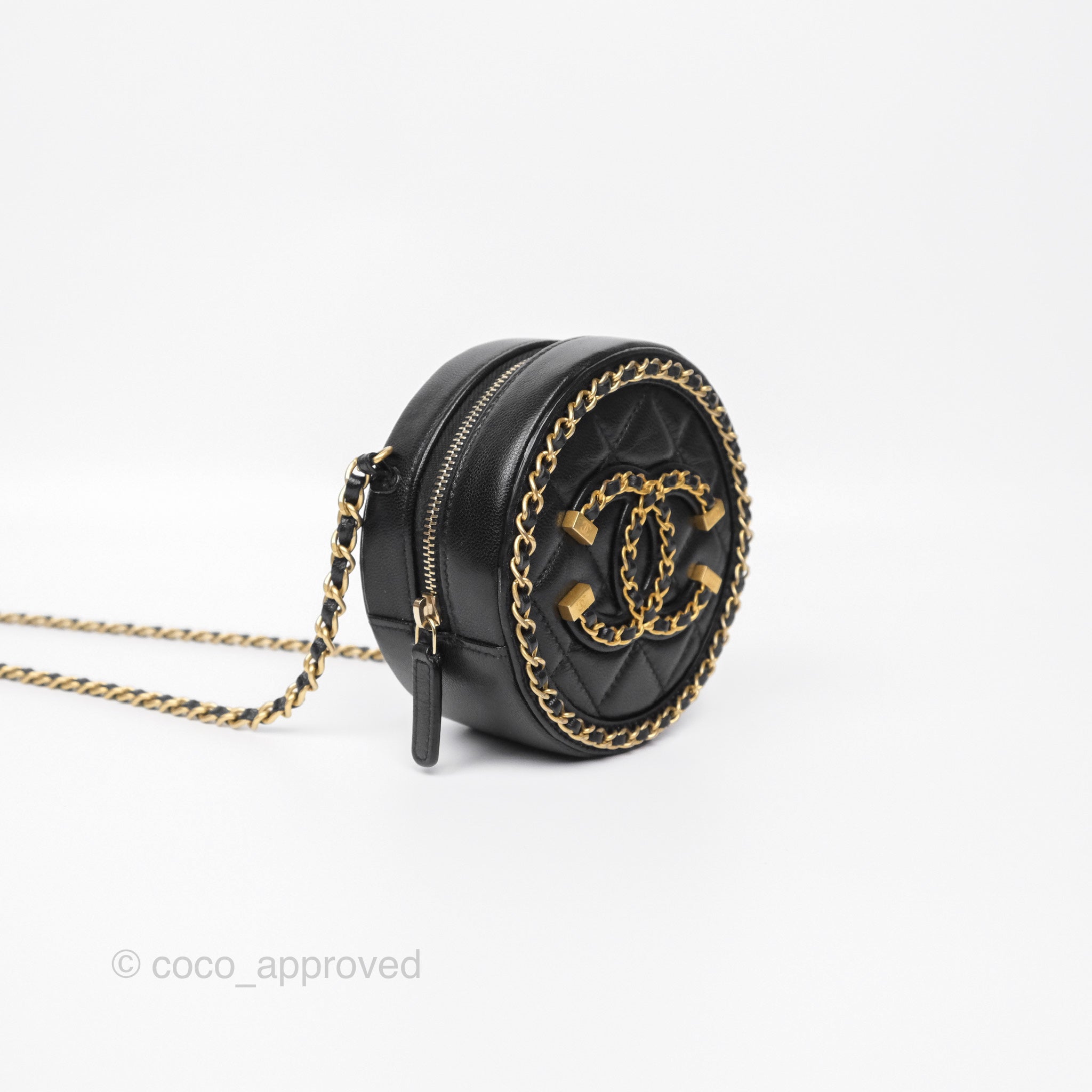 Chanel Black Lambskin Chained Round Filigree Clutch with Gold Hardware - Elegant Evening Bag for Parties, Weddings & Special Occasions