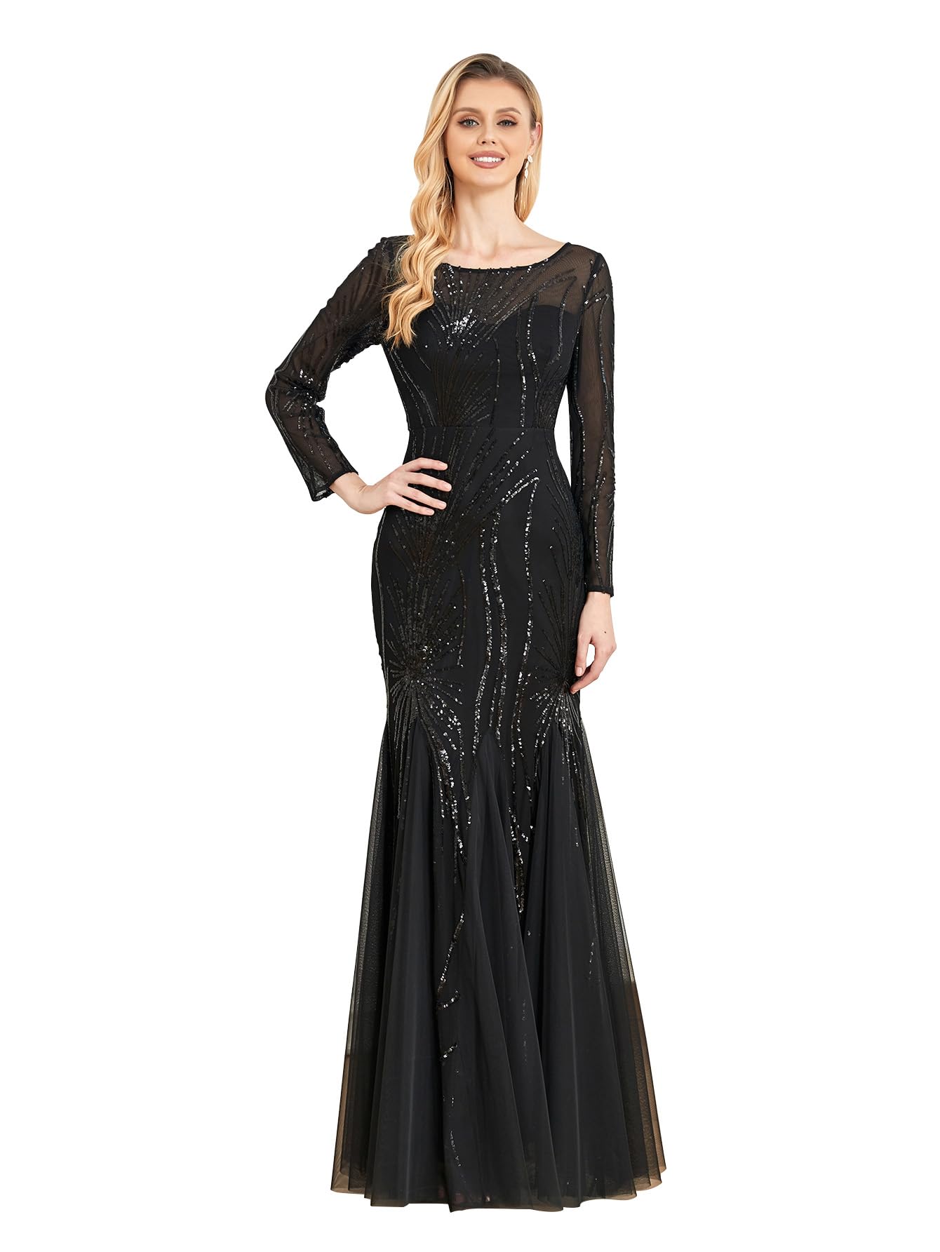 Elegant Long Sleeve Sequin Evening Dress - Sparkly Glitter Mermaid Gown for Wedding Guest, Mother of The Bride & Special Occasions | Perfect for Black Tie Events, Galas & Formal Parties