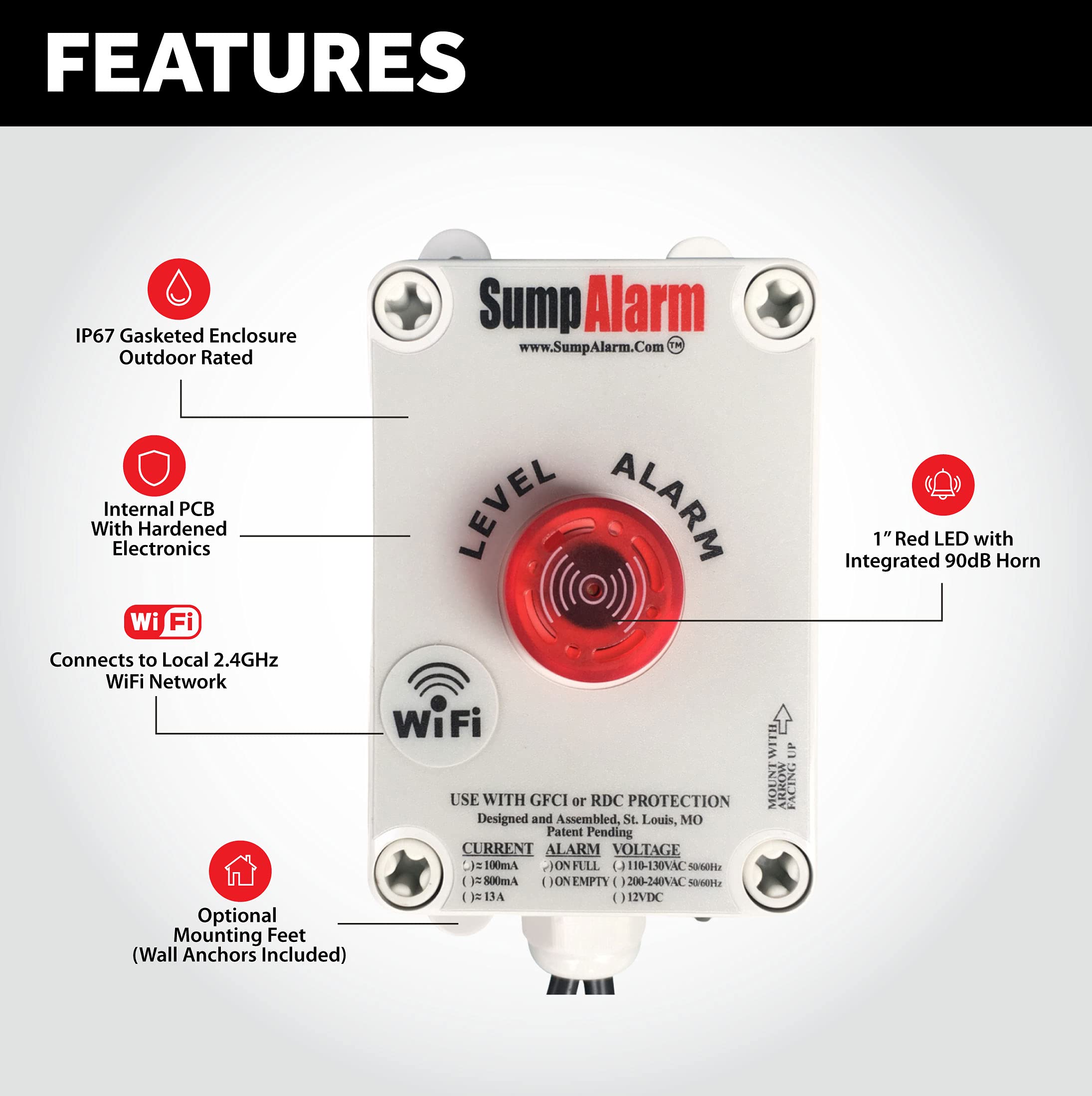 WiFi Water Sensor & Wireless Sump Pump Alarm - 10 Float Switch Water Detector for Indoor/Outdoor Use | Weatherproof Design with Free Email Alerts, Audible Alarm & Server Backup | Ideal for Basement, Garage & Pool Monitoring