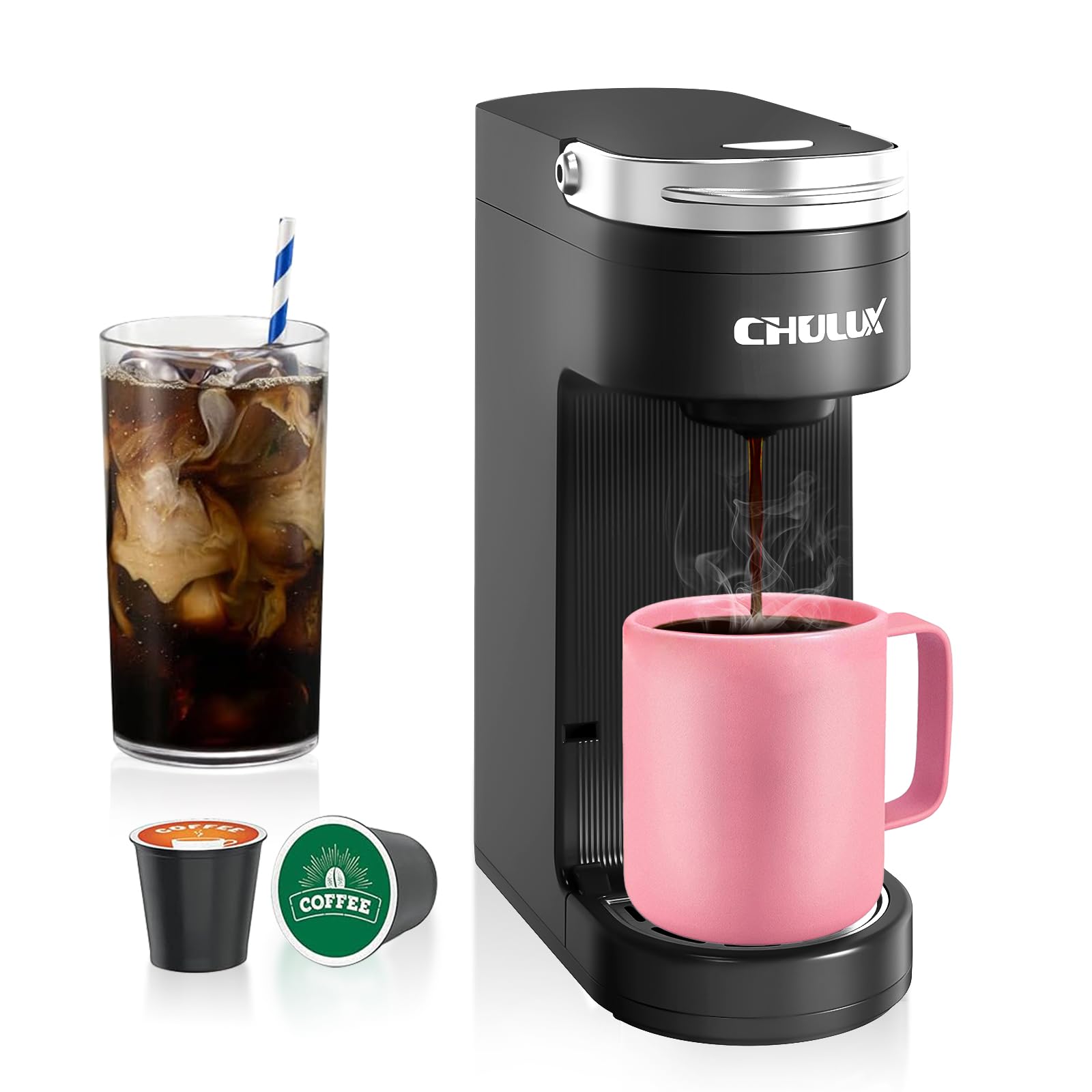 CHULUX Slim Single Serve Coffee Maker for K-Cups - Compact One Cup Coffee Machine Fits 7.3
