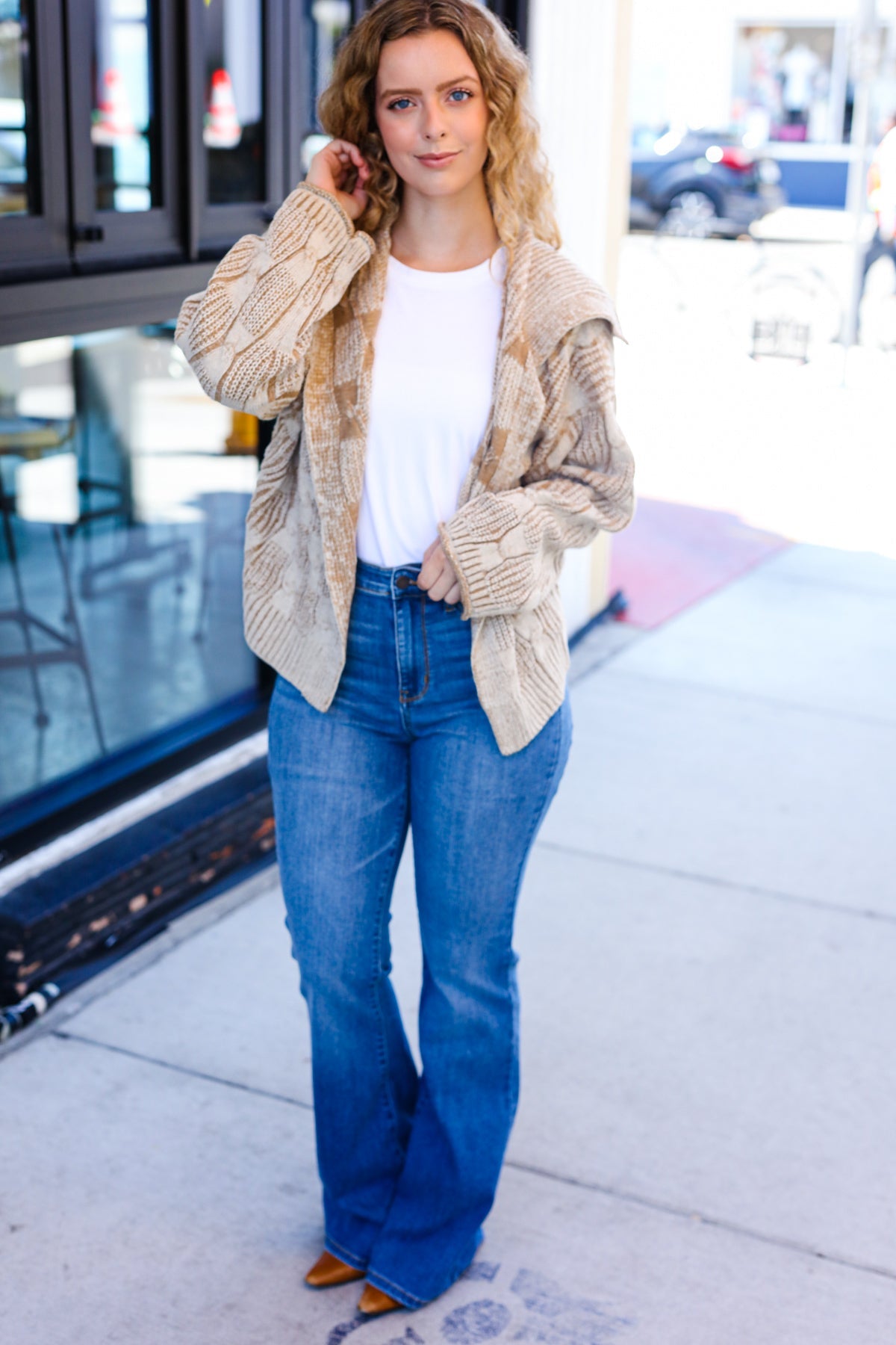 Cozy Taupe Textured Cable Knit Collared Cardigan for Women | Autumn Fall Sweater | Perfect for Layering, Office Wear & Casual Outfits