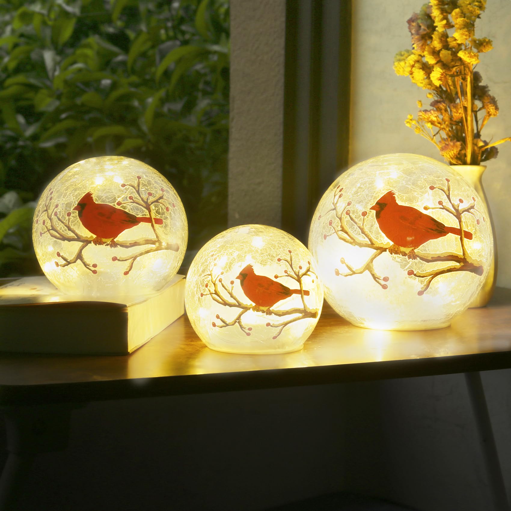 Red Cardinal Stained Glass Crackle Ball LED Desk Lamp - Large Christmas Decor Accent Light for Home, Office & Holiday Decorations | Perfect for Mantel, Table Centerpiece & Seasonal Display