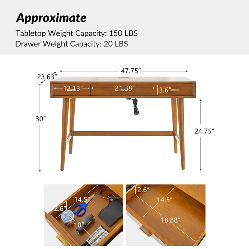 Trevor Mid Century Modern Computer Office Desk with USB Ports - Stylish Home Office Desk for Work & Study, Perfect for Small Spaces & Modern Interiors