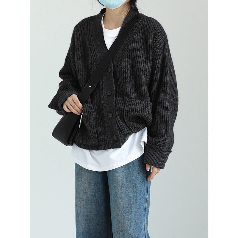 Women's Autumn V-Neck Knitted Cardigan with Pockets - Cozy Long Sleeve Open Front Sweater Jacket for Fall & Winter | Perfect for Office, Date Night & Casual Outfits