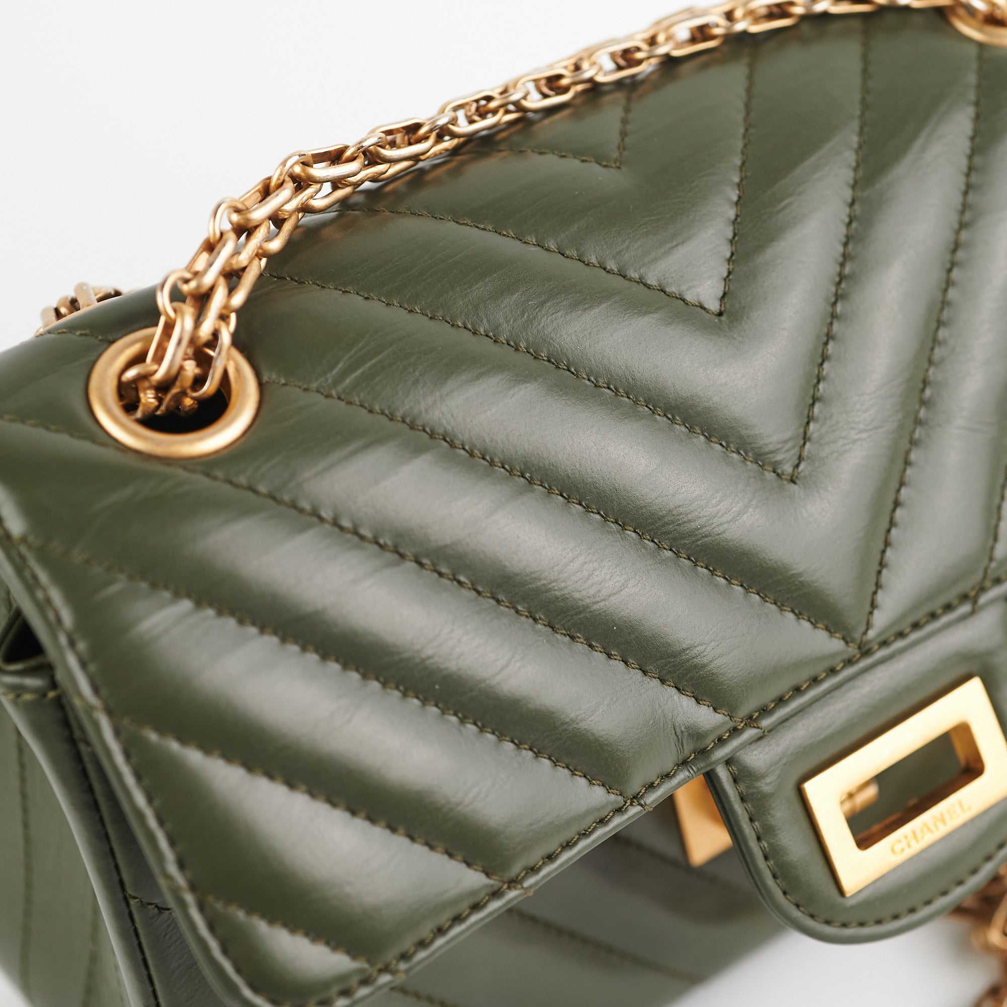Authentic Chanel Mini 2.55 Chevron Reissue Bag in Khaki Green with Microchip - Luxury Crossbody Purse for Women, Perfect for Date Nights & Special Occasions