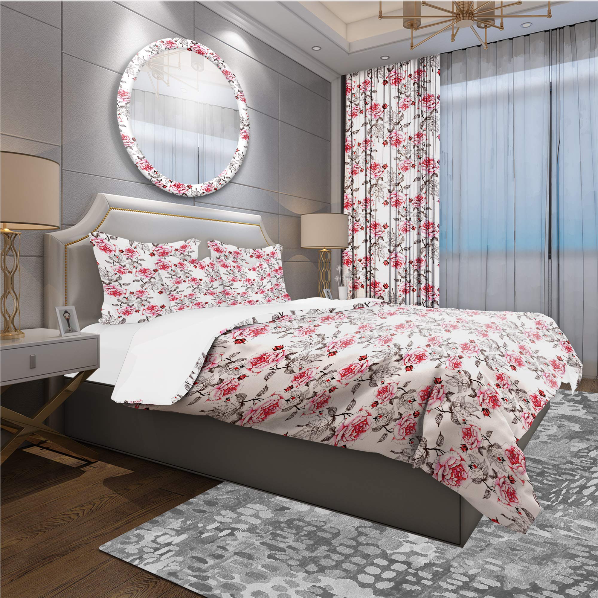 Red Roses Nautical Duvet Cover Set King - Floral Bedding for Coastal Decor