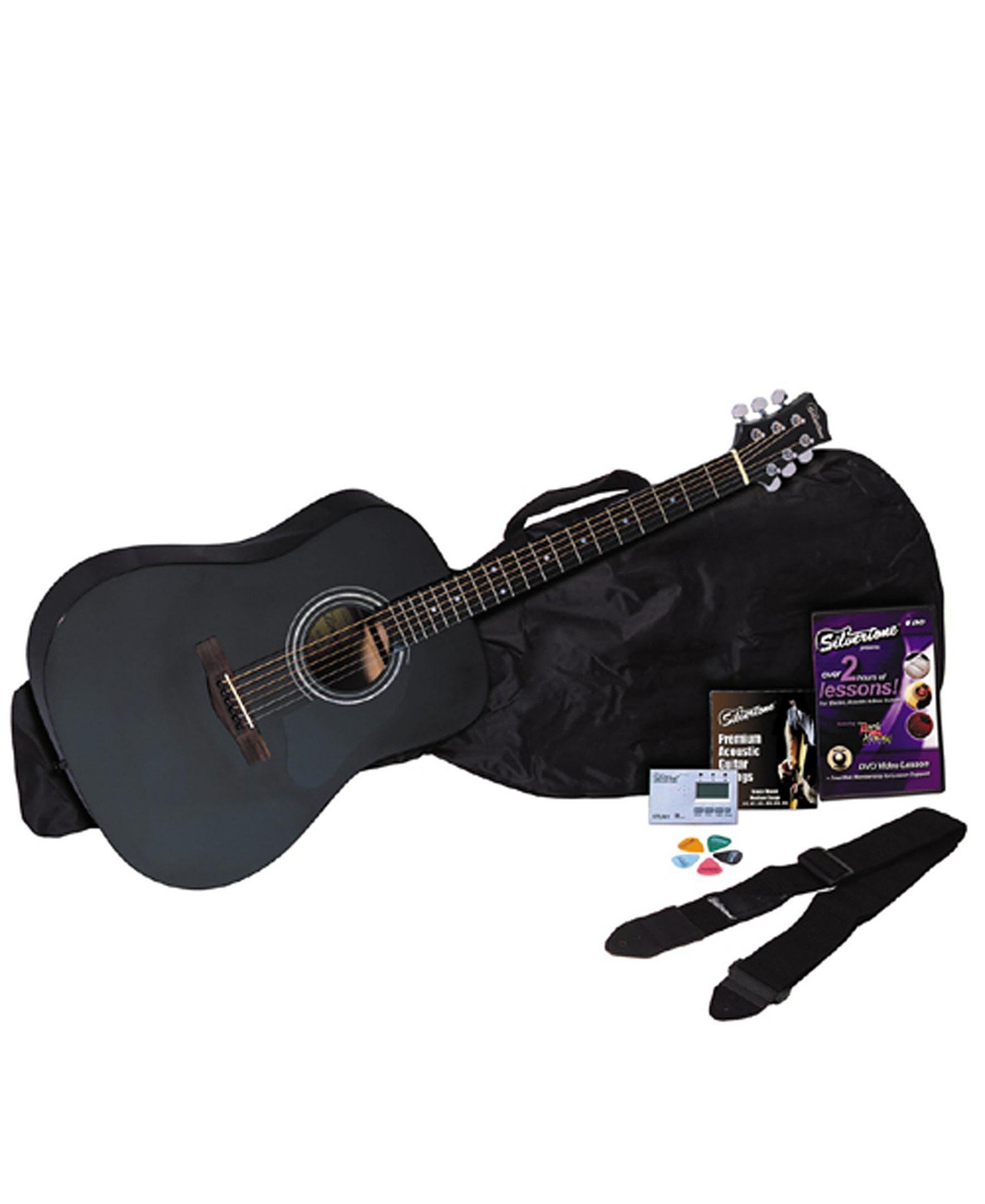 Silvertone SD10 Acoustic Guitar Package with Case & Accessories - Black - Perfect for Beginners, Camping & Live Performances
