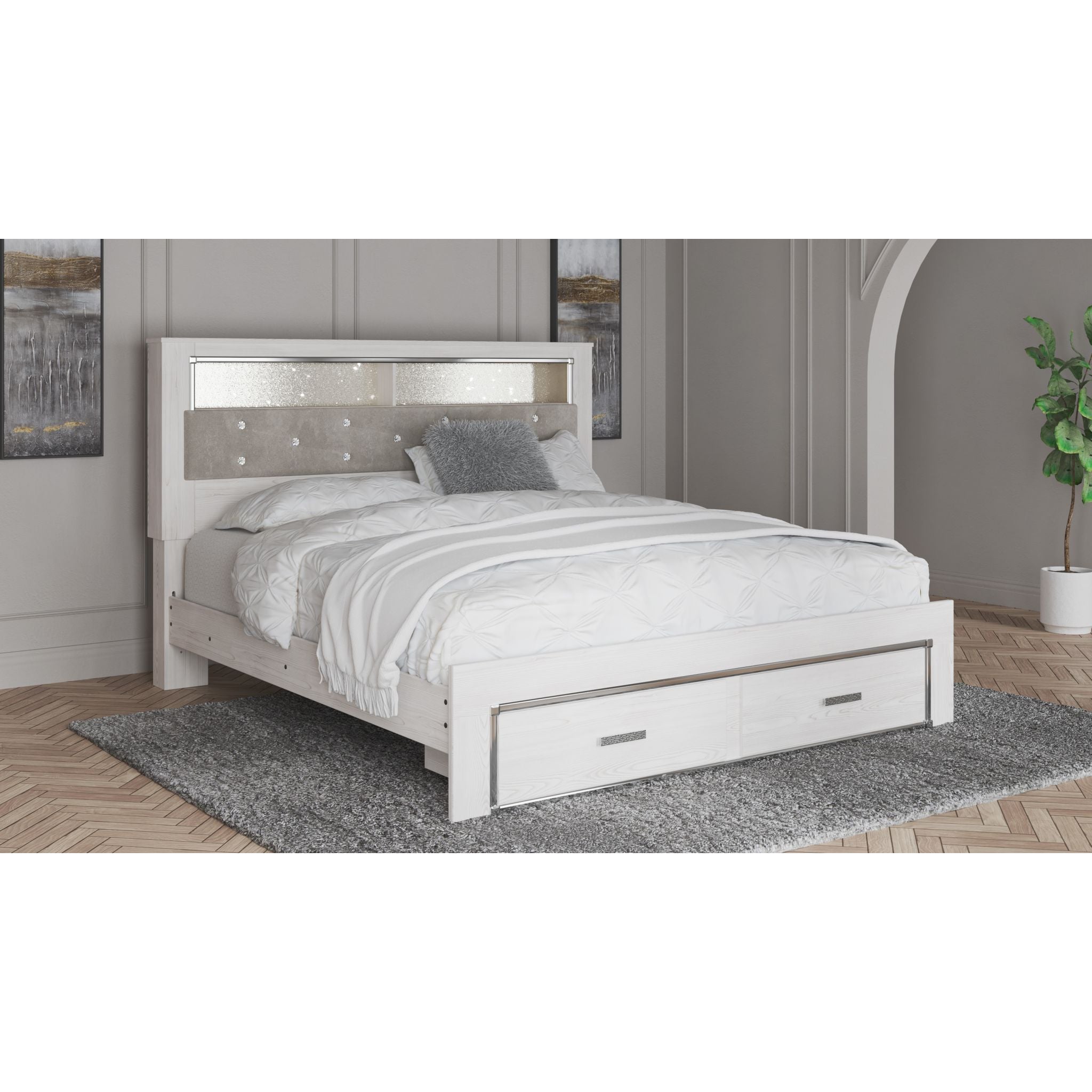 Altyra King Upholstered Bookcase Bed with Storage - White Wooden Platform Bed Frame with Headboard & Underbed Storage | Perfect for Small Bedrooms, Guest Rooms & Dormitories