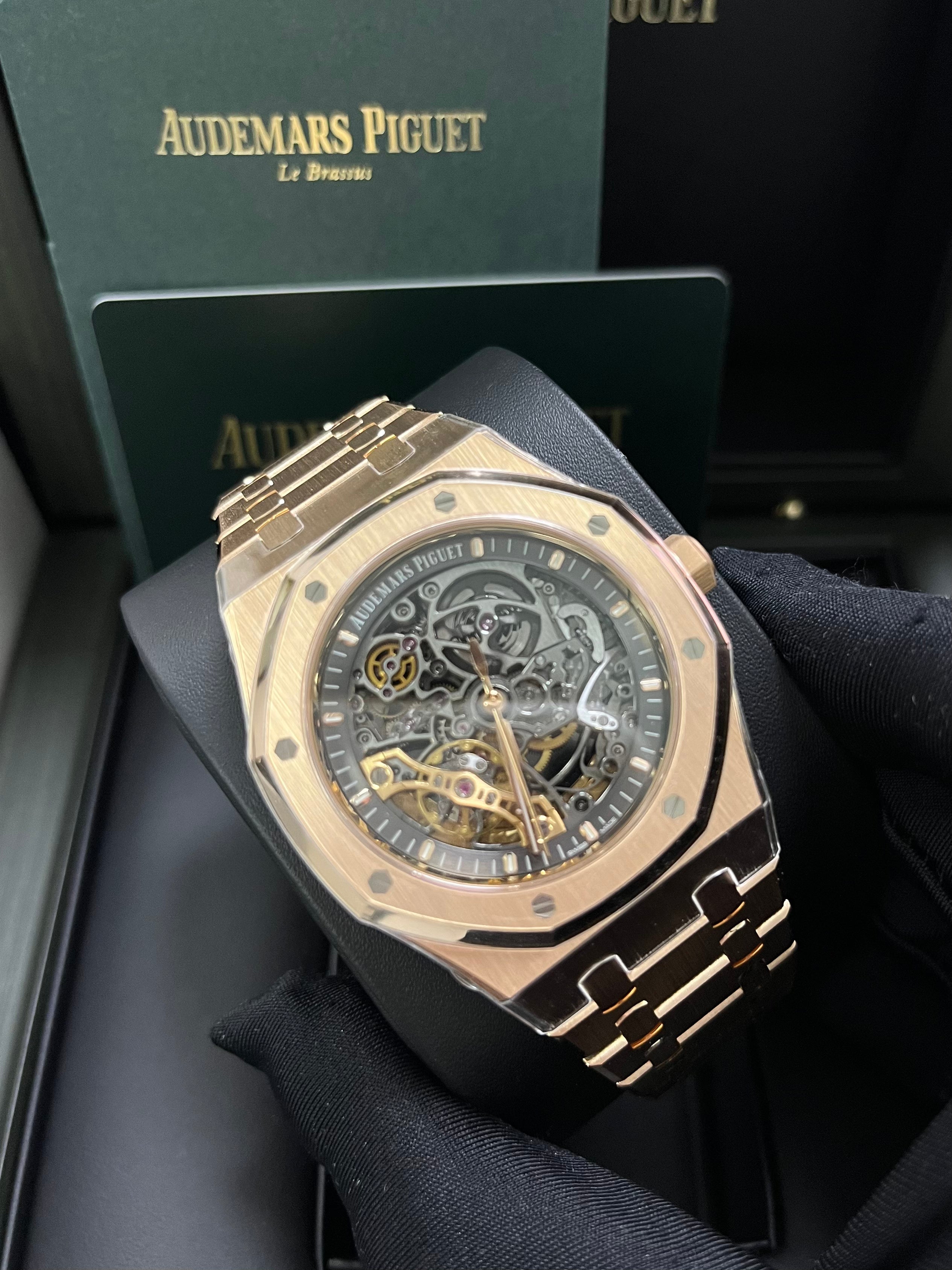 Audemars Piguet Royal Oak 41mm Rose Gold Skeleton Watch with Double Balance Wheel - Ref 15407OR.OO.1220OR.01 - Luxury Openwork Timepiece for Men, Perfect for Business Meetings & Formal Events