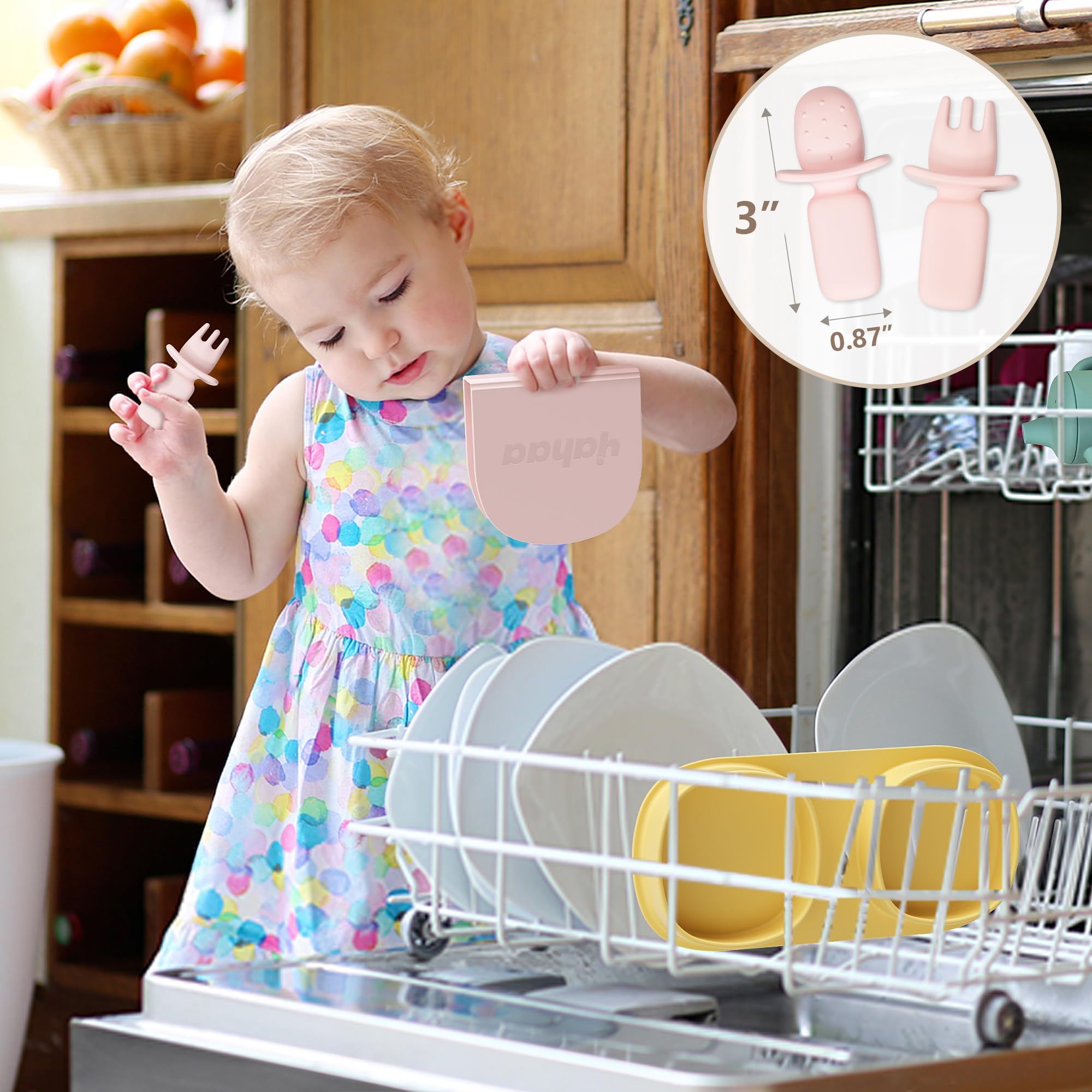 Foldable Silicone Baby Plates with Forks & Spoons - BPA Free Travel Essentials for Toddlers 6+ Months | Portable Self-Feeding Dishware for On-the-Go Meals, Picnics & Airplane Travel (Lemon Design)