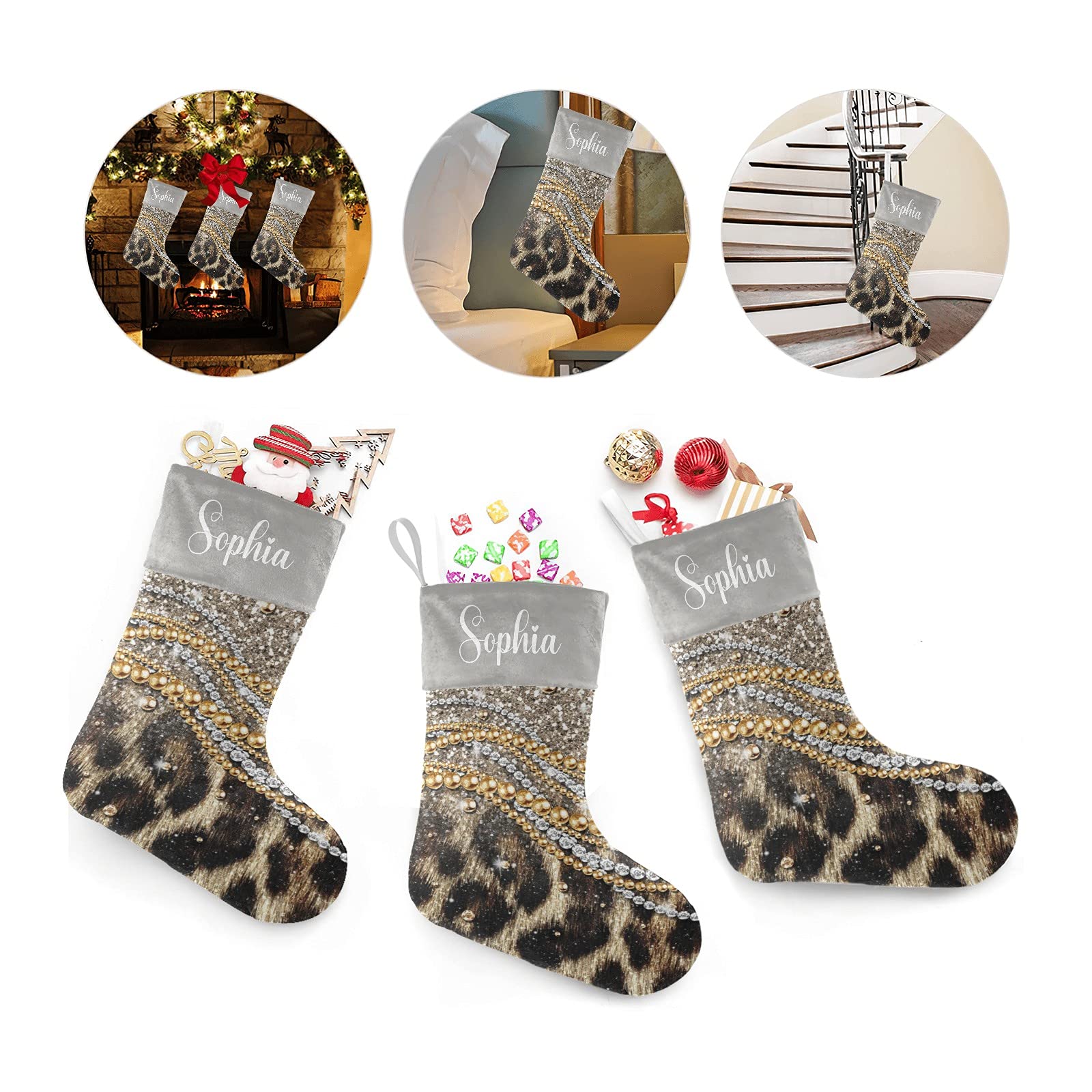 Personalized Christmas Stockings with Name - Bling Pearl & Leopard Print Holiday Decor - 17.52 x 7.87 Inch Family Xmas Gift for Fireplace Mantel, Tree Decorations & Festive Home Styling