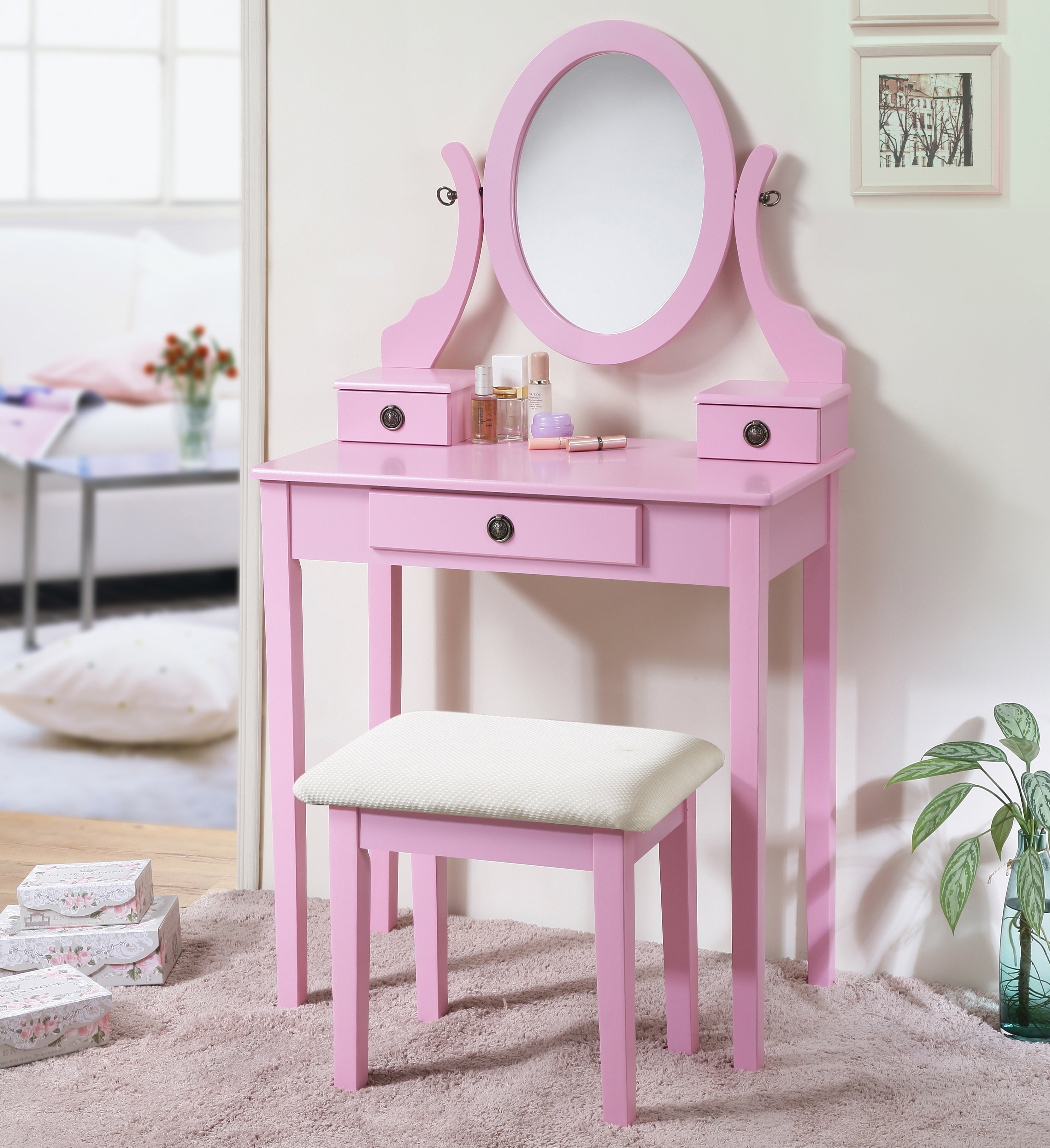 Roundhill Furniture Moniya Wood Makeup Vanity Table with Stool Set - Pink Dressing Table for Bedroom, Girls Room & Beauty Salon | Compact Makeup Desk with Mirror & Storage