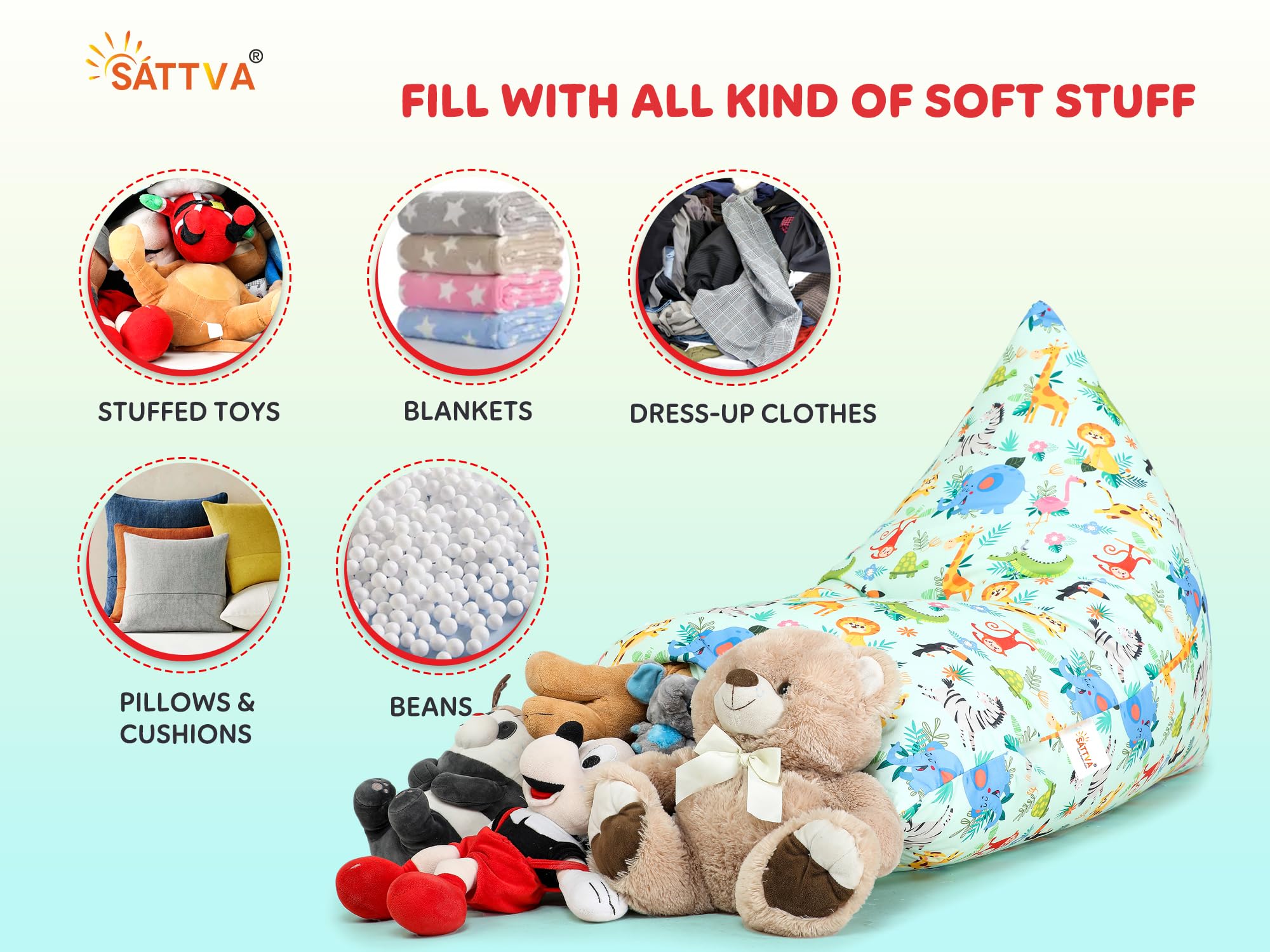 SATTVA Kids Triangle Canvas Bean Bag Cover - No Filling, Ultra Soft Zippered Stuffed Animal & Toy Storage Organizer for Teens & Adults (Animal Print) - Perfect for Playrooms, Dorm Rooms & Cozy Reading Nooks