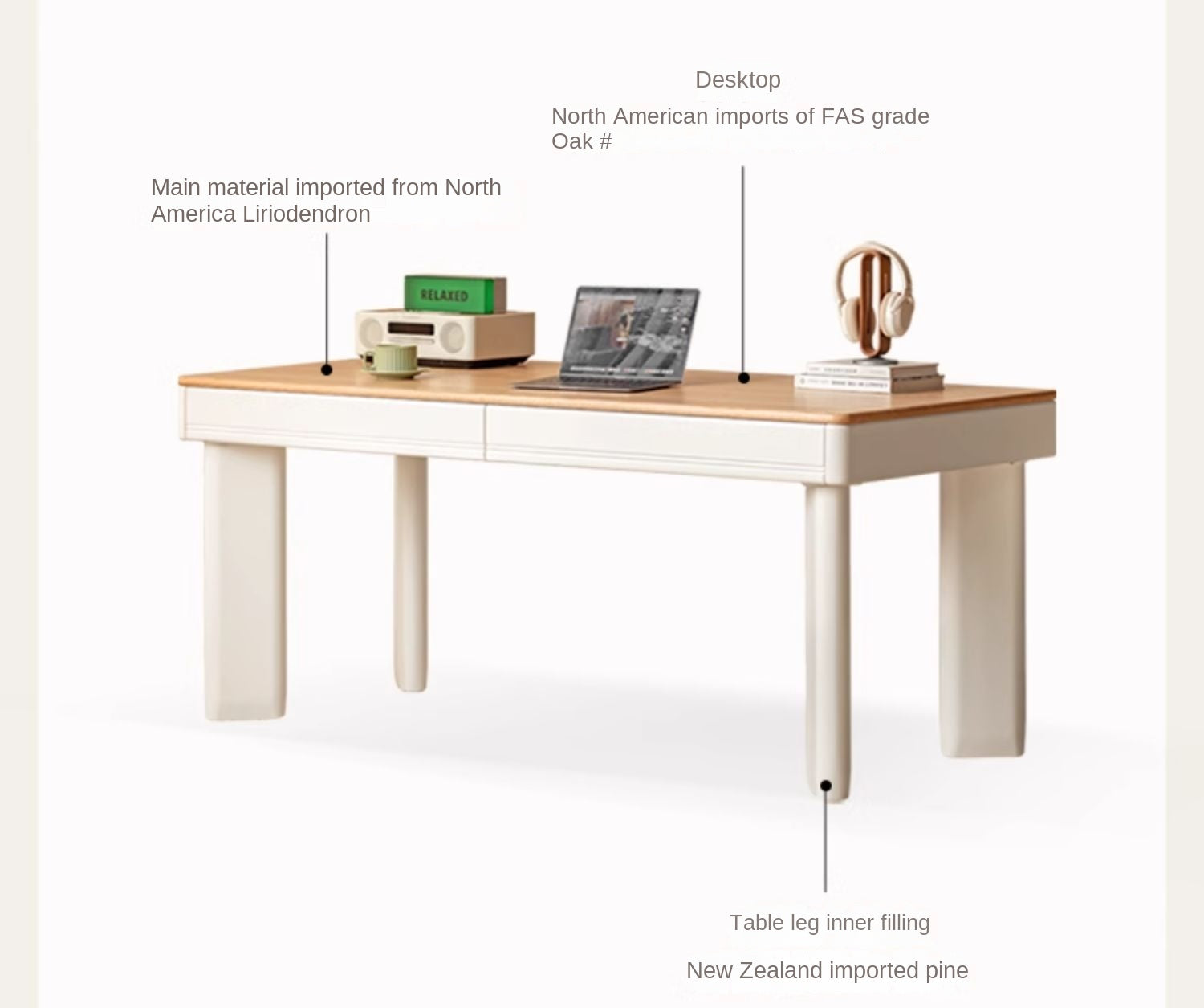 Modern Cream Oak & Poplar Solid Wood Computer Desk with Drawer - Home Office Workstation for Study, Gaming & Remote Work