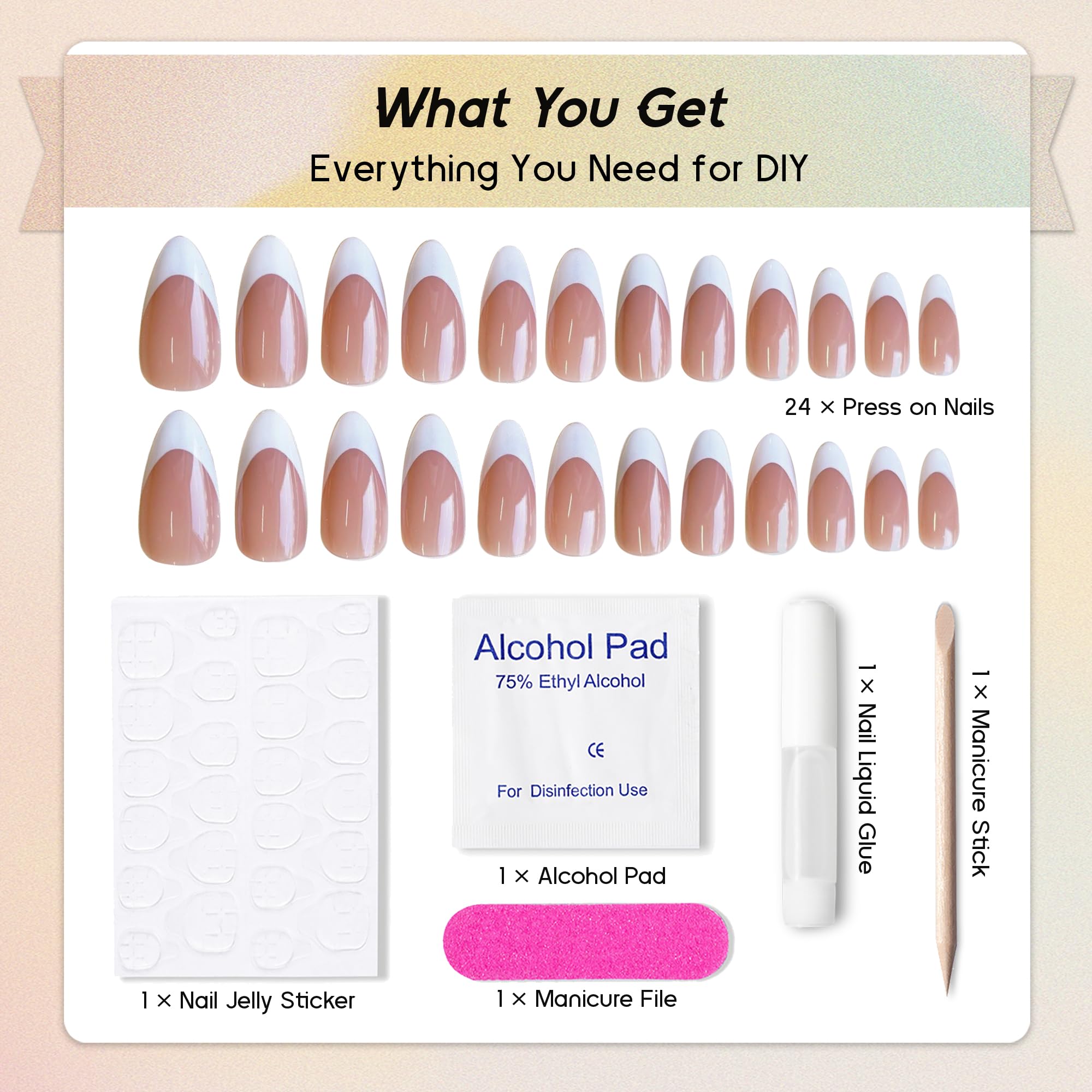 Almond Press on Nails - Brown Nude French Fake Nails Medium Length, Glossy Full Cover Glue on Nails for Women, Natural Fit Acrylic Stick on Nails in 12 Sizes (24-Piece Kit) - Perfect for Daily Wear, Parties, Weddings & Special Occasions