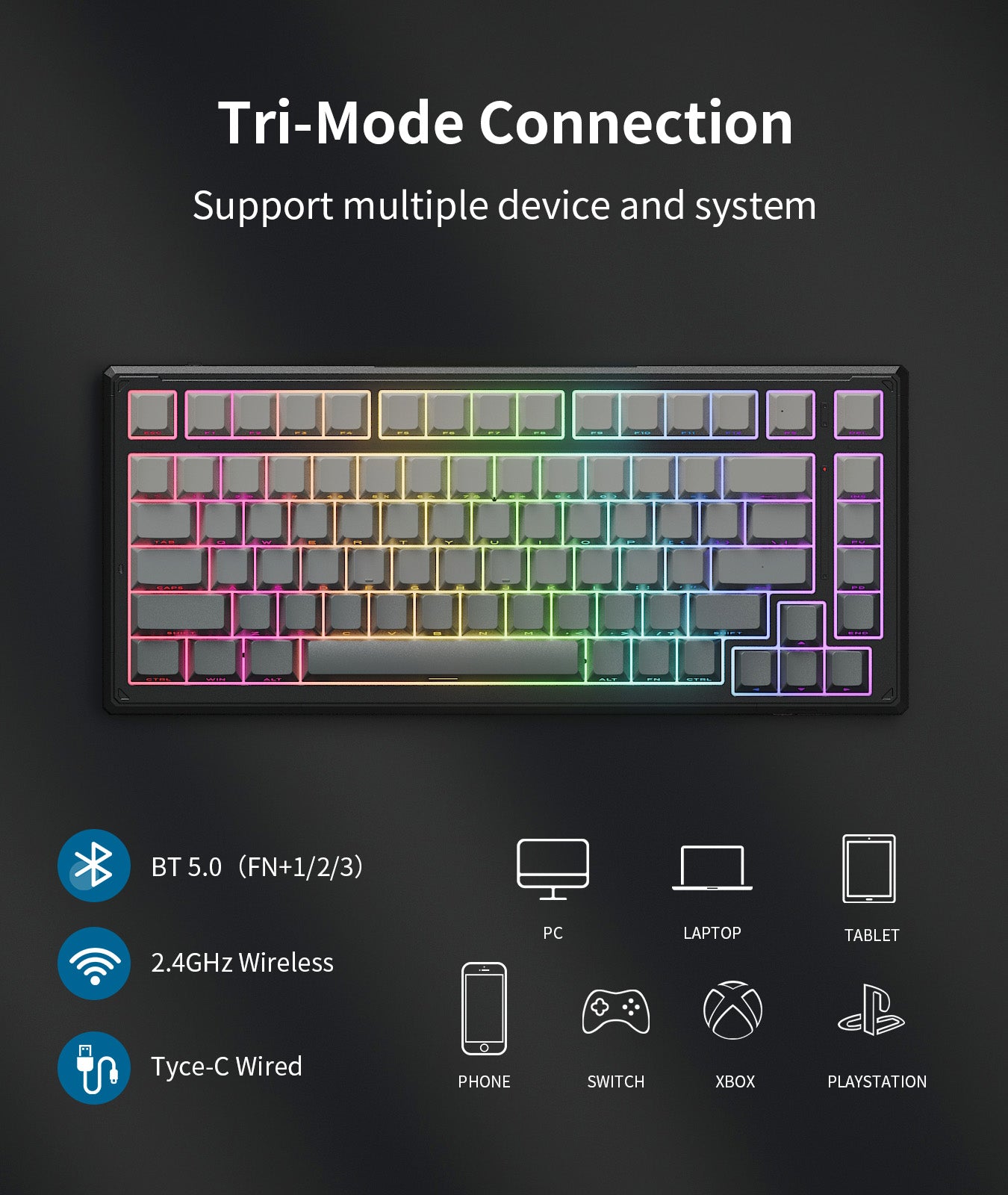 ONIKUMA GAMING 83 Key 75% Wireless Mechanical Keyboard - Tri Mode (2.4G/Bluetooth/Wired), 8000mAh Battery, Hot Swappable Switches, 5 Layer Gasket Mount, RGB Backlit, PBT Side Printed Keycaps (Black Gray) - Perfect for PC Gaming, Office Work & Typing Enthusiasts