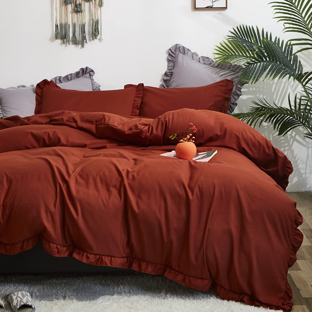 CLOTHKNOW King Size Burnt Orange Boho Comforter Set - 3 Piece Ruffle Terracotta Bedding with Soft Caramel Accents | Rustic Farmhouse Style for Cozy Bedroom Decor