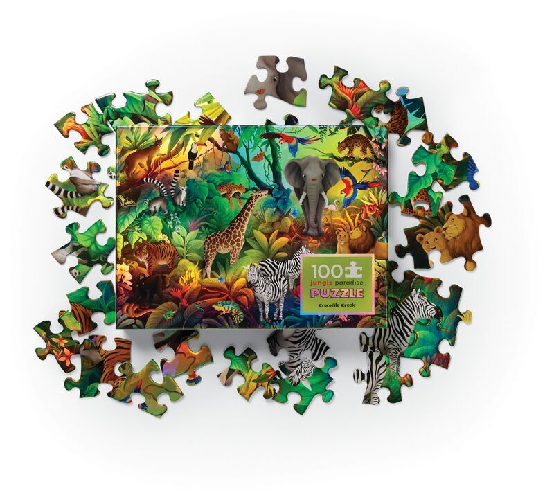 Crocodile Creek Holographic 100-Piece Jungle Paradise Puzzle | Colorful Animal Jigsaw for Kids & Adults | Perfect for Family Game Night & Educational Play