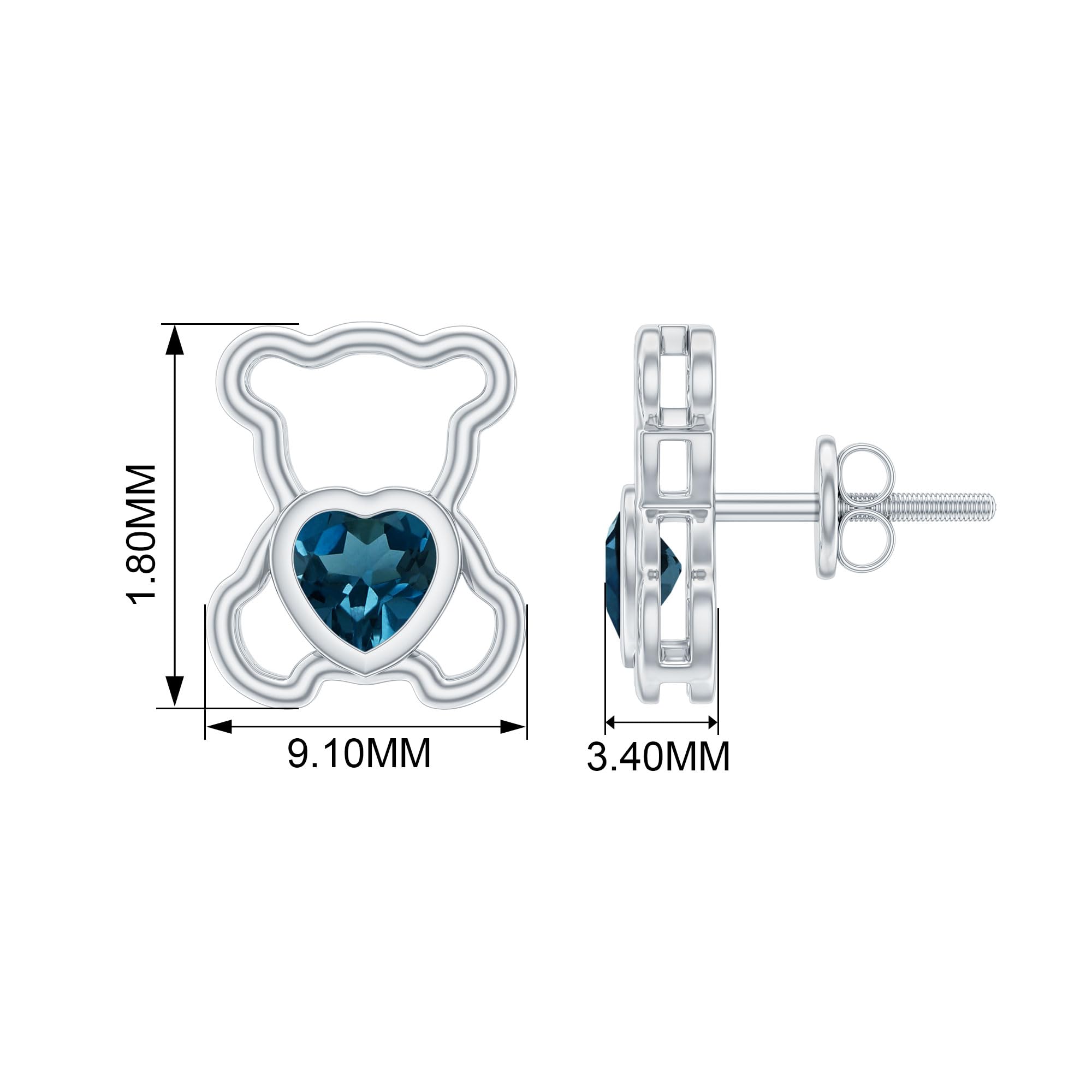 AAA Quality Cute Teddy Bear Earrings with London Blue Topaz & Heart Studs | Screw Back for Secure Fit | Perfect Women's Jewelry Gift for Birthday, Anniversary & Valentine's Day