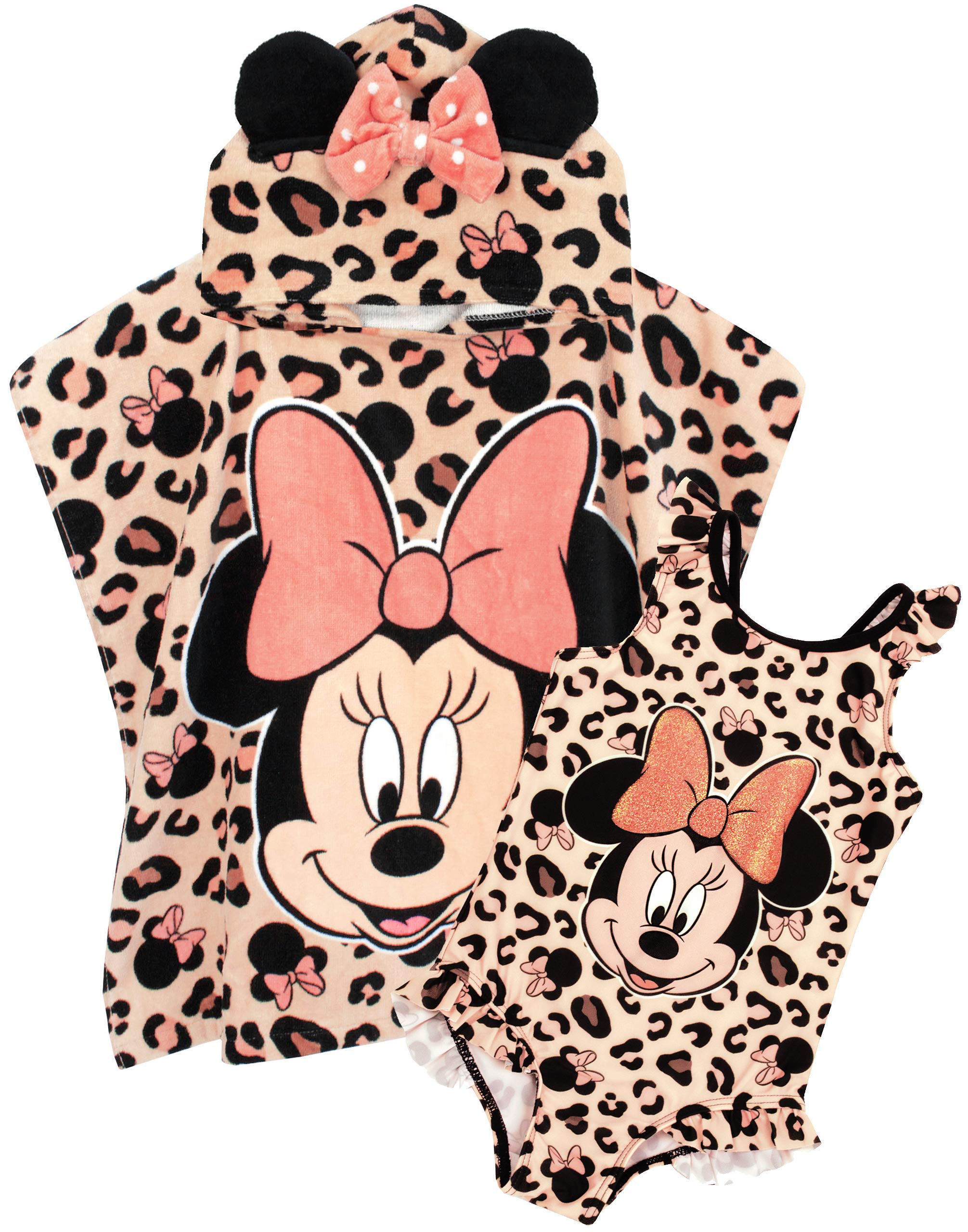 Disney Minnie Mouse Girls' Swimsuit & Hooded Towel Poncho Set - Cute Beachwear for Toddler & Kids Swimming, Pool Party, Summer Vacation Outfits