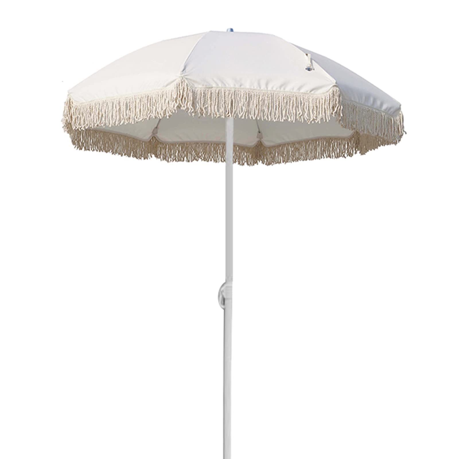 1.8m Round Beach Umbrella with Fringes - Adjustable Tilt Garden Parasol for Sun Protection, Outdoor Shade for Pool, Patio, Backyard, and Beach - White (Perfect for Picnics, Lounging, and Outdoor Relaxation)