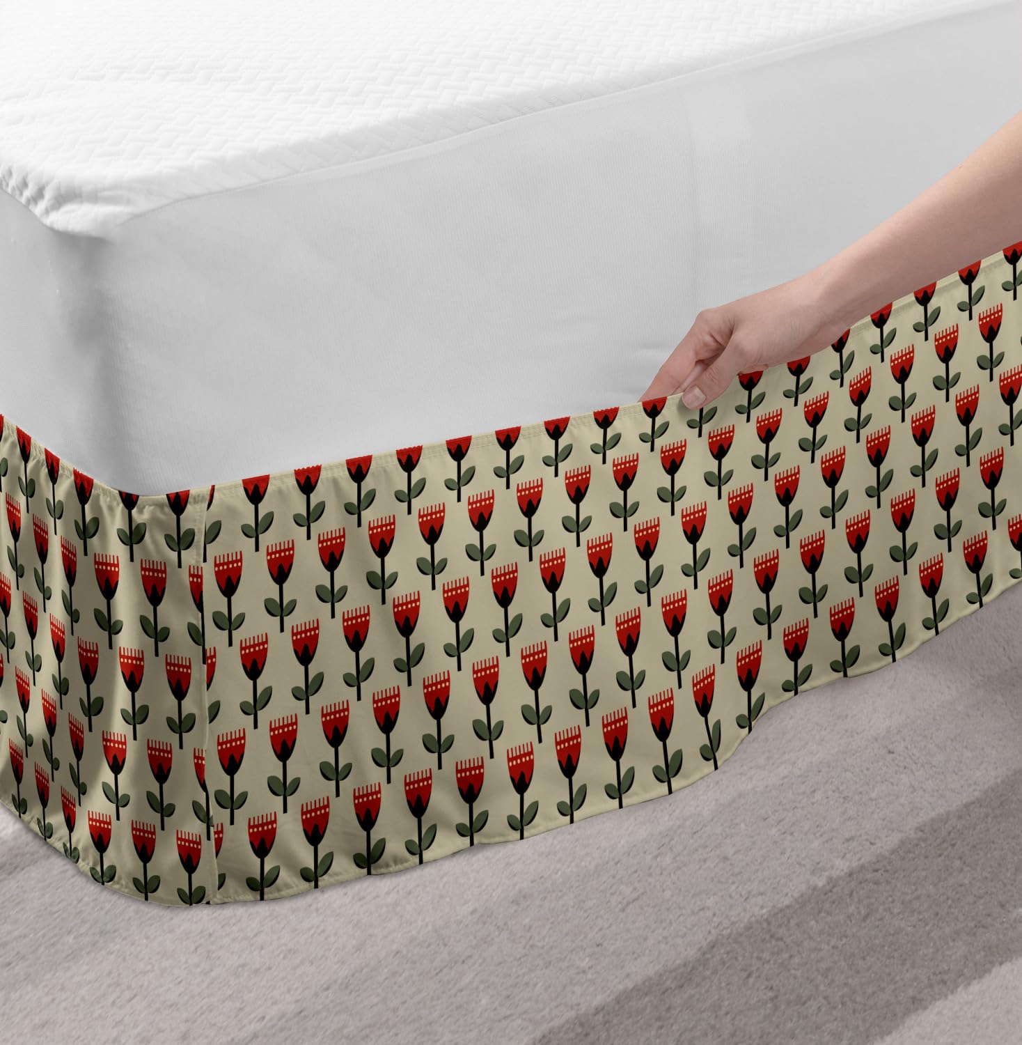 Ambesonne Floral Bed Skirt - Modern Tulip Pattern Elastic Dust Ruffle Wrap Around for King Size Beds | Beige Multicolor Home Decor | Perfect for Bedroom Makeover & Guest Room Styling