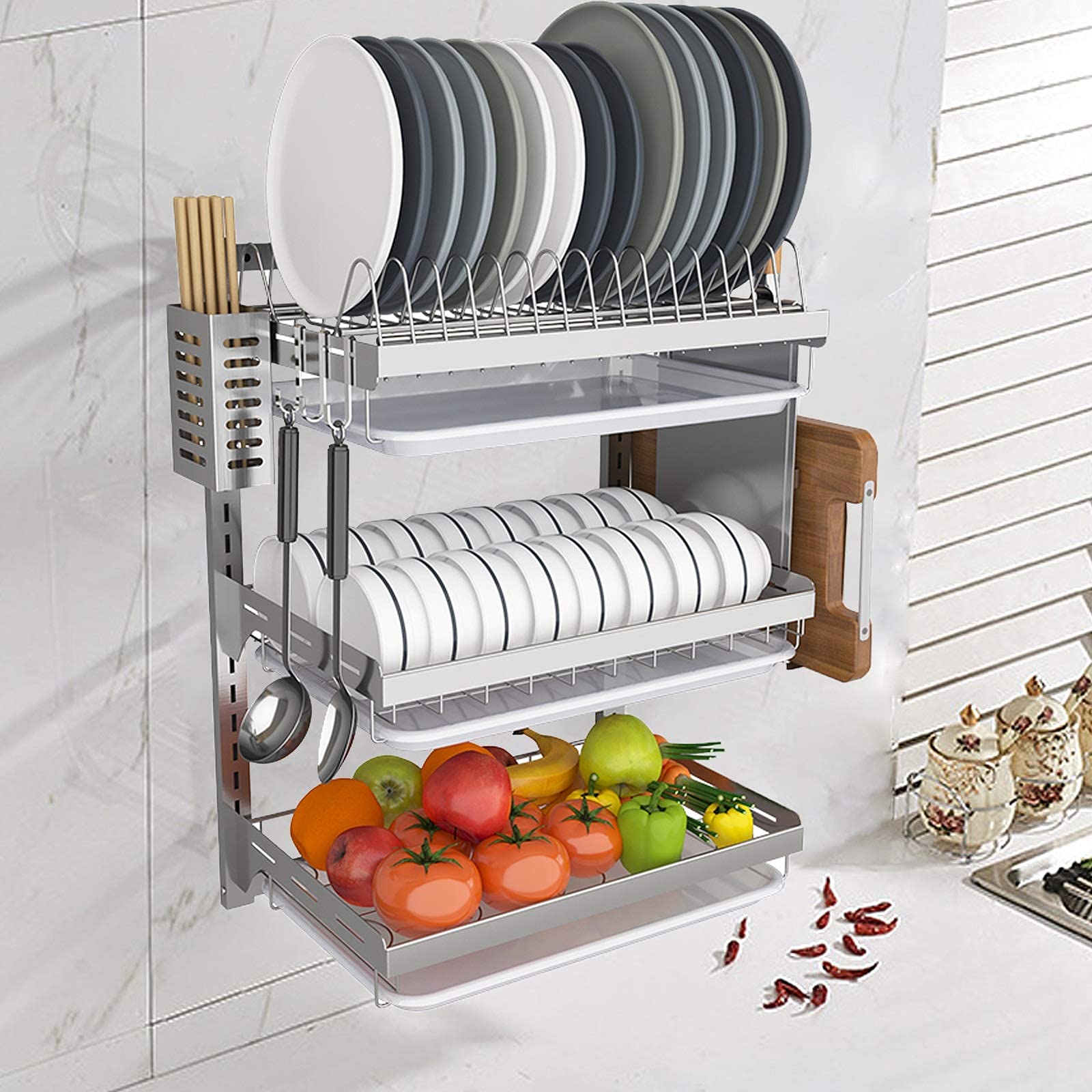 FMOGG 3-Tier Stainless Steel Dish Rack - Wall Mounted Kitchen Organizer with Drip Tray & Cutlery Storage | Space Saving Drying Rack for Dishes, Cups & Utensils | Perfect for Small Kitchens, Apartments & RVs