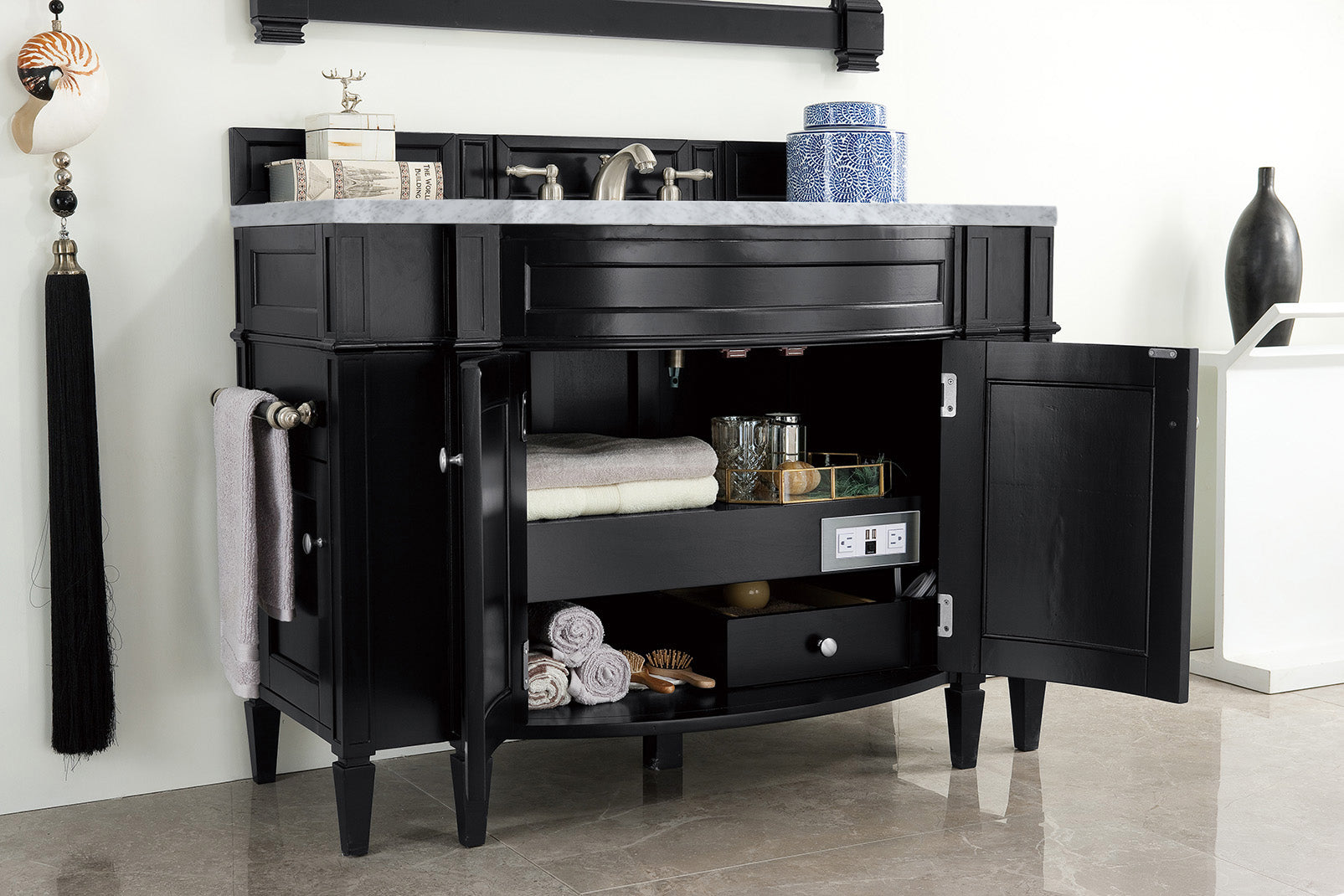 Brittany 46 Inch Single Bathroom Vanity with Black Onyx Base & 3CM Carrara Marble Top - Perfect for Modern Master Bathrooms and Powder Rooms