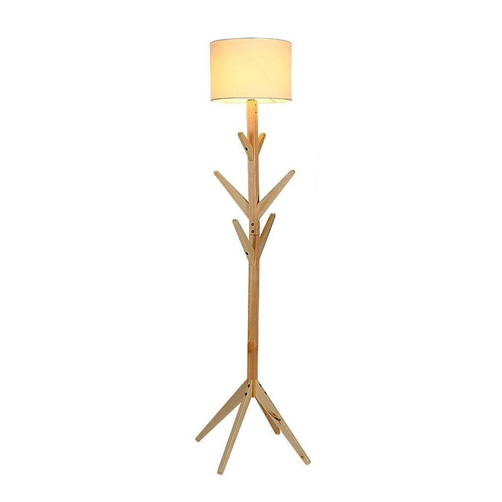 Modern Nordic Wooden Tree Branch LED Floor Lamp with Dimmable Fabric Lampshade - Remote Control, Warm White Light for Bedroom, Living Room & Office Decor