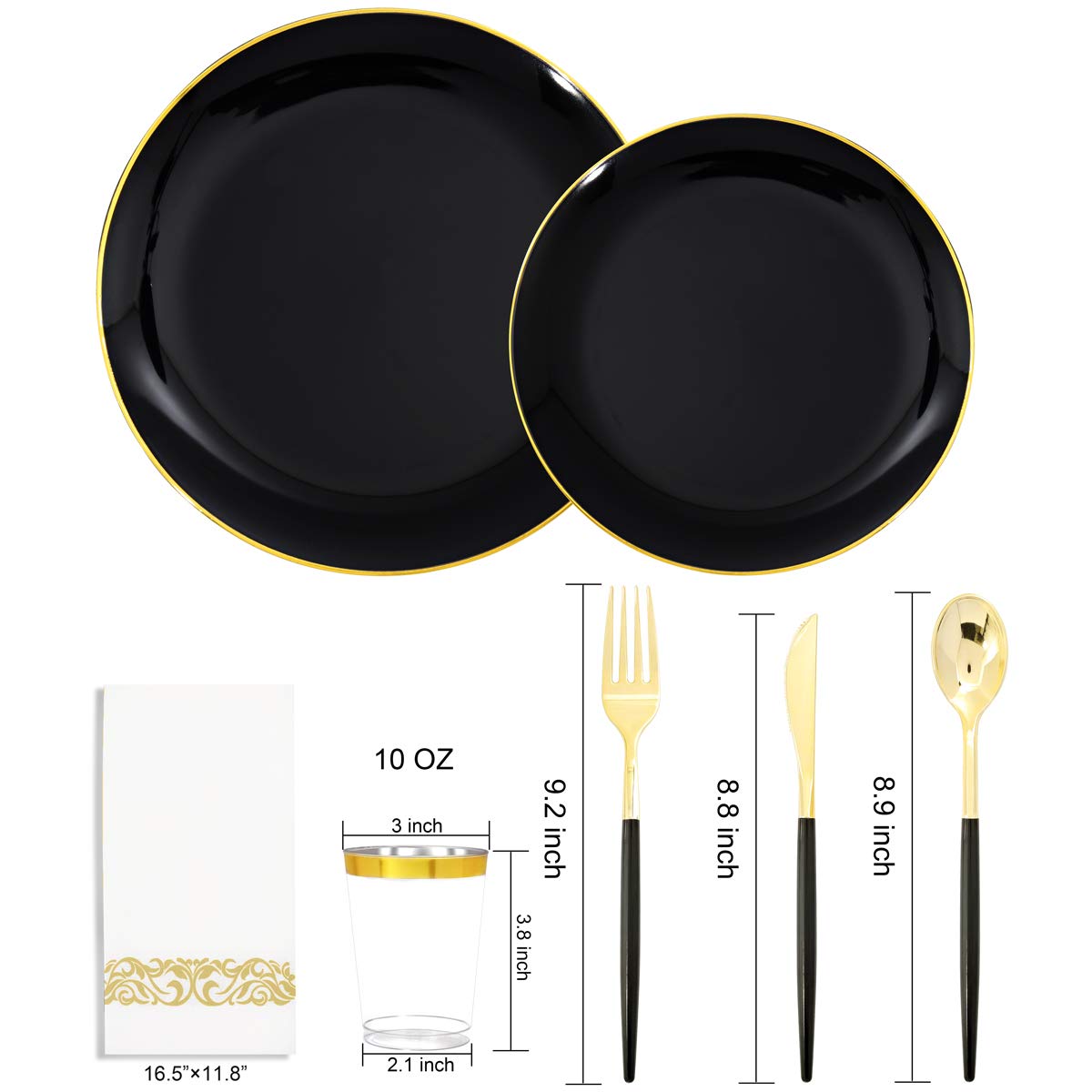 Premium 350-Piece Black Plastic Dinnerware Set with Gold Rim - Elegant Black & Gold Plastic Plates, Forks, Knives, Spoons & Cups - Perfect for Weddings, Christmas Parties & Formal Events