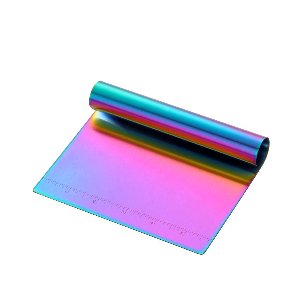 Stainless Steel Dough Scraper & Pastry Cutter with Measuring Scale - Multipurpose Bench Scraper, Pizza Dough Cutter, Bread Knife - Perfect for Baking, Cake Decorating & Pizza Making (Rainbow Mirror Polish)