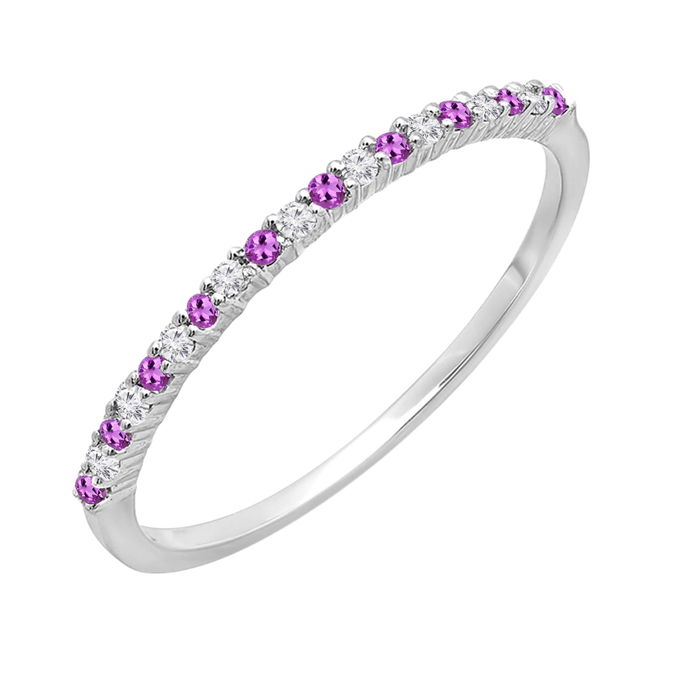 10K Solid Gold Round Amethyst & White Diamond Stackable Wedding Band Ring for Women - Anniversary Gift, Bridal Jewelry, Stackable Rings for Everyday Wear