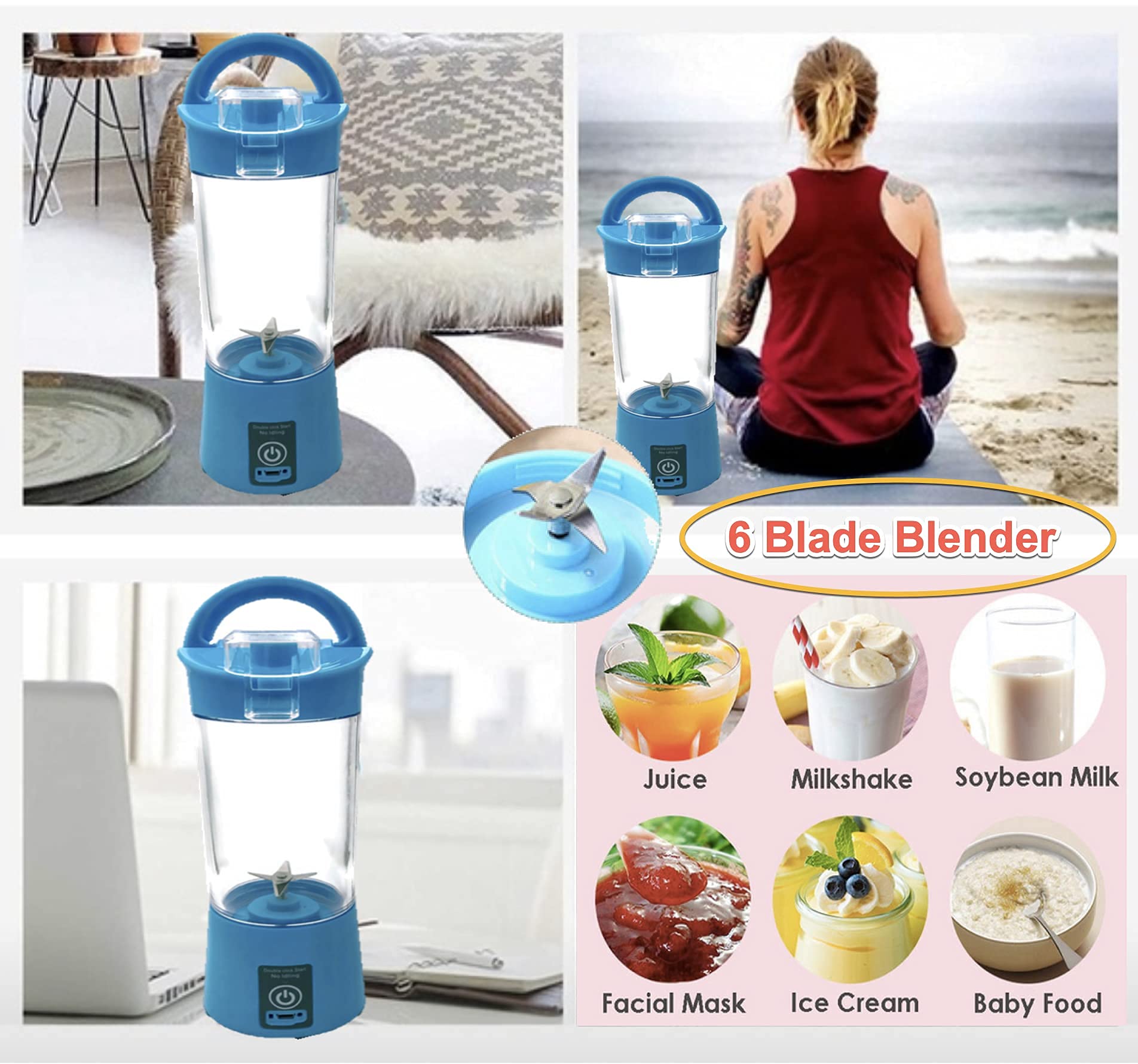 Portable Personal Blender with 6 Blades - 300W Powerful Rechargeable Smoothie Maker for Shakes, Margaritas & Baby Food - Compact Travel Blender for Home, Office, Gym & Outdoor Use (Blue) - Perfect Holiday Gift 2021