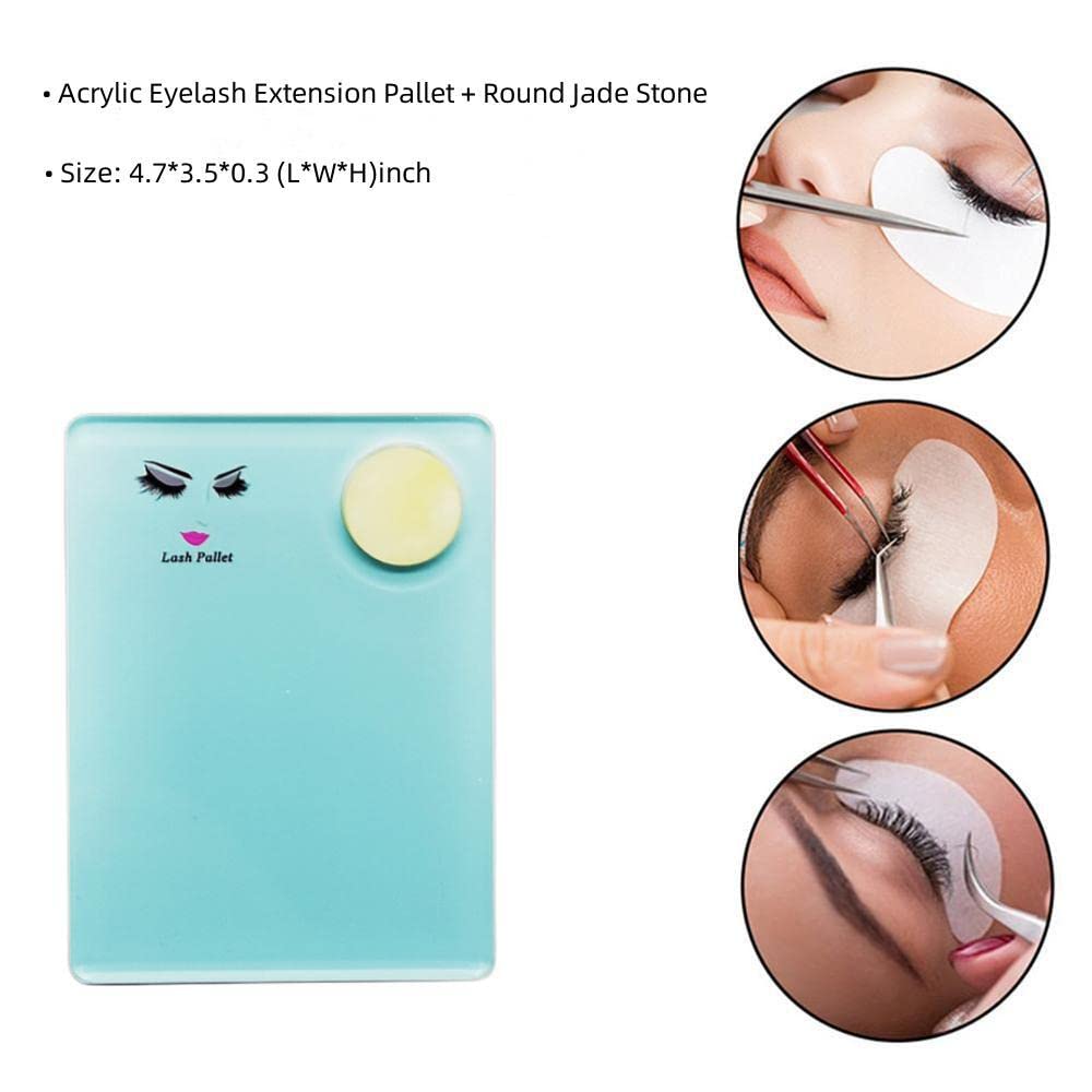 2-in-1 Acrylic Eyelash Extension Palette with Round Jade Stone Set - Professional Lash Grafting Tool Pad & Tray Gasket (Blue) - Perfect for Salon, Spa & Home Lash Extensions
