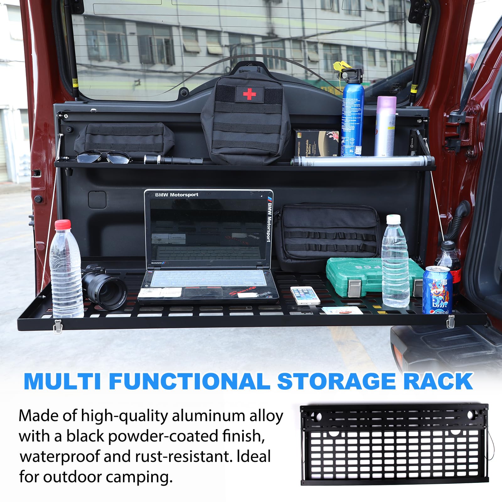 Foldable Alloy Car Trunk Storage Table & Organizer Rack for Toyota FJ Cruiser 2007-2021 - Rear Door Cargo Shelf & Multifunctional Tray - Perfect for Camping, Road Trips & Outdoor Adventures