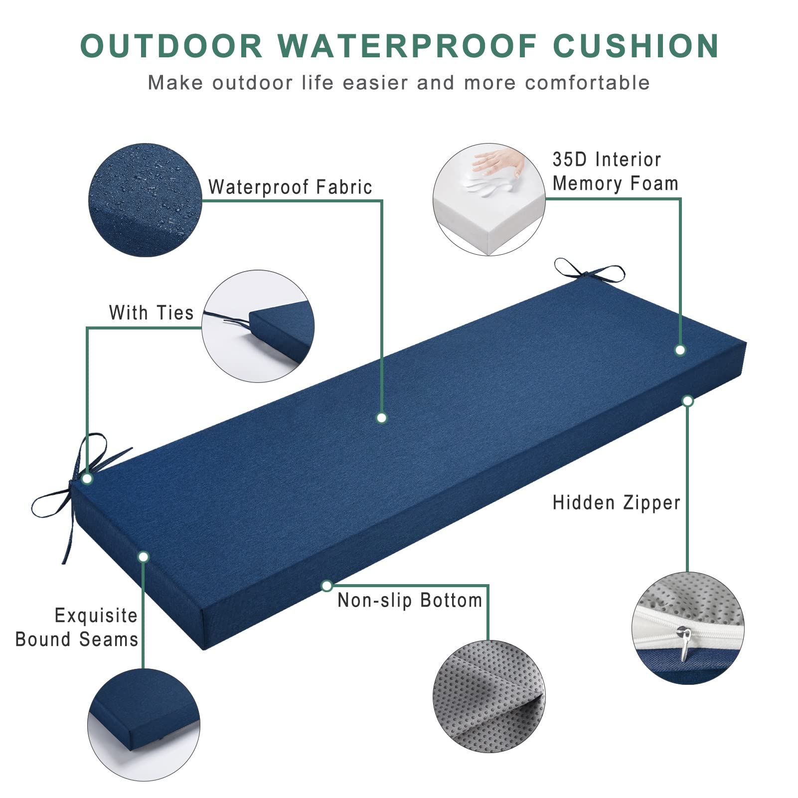Premium Waterproof Outdoor Bench Cushion - Non-Slip Patio Furniture Cushion for Swing, Window Seat & Indoor Use - Blue 15.7
