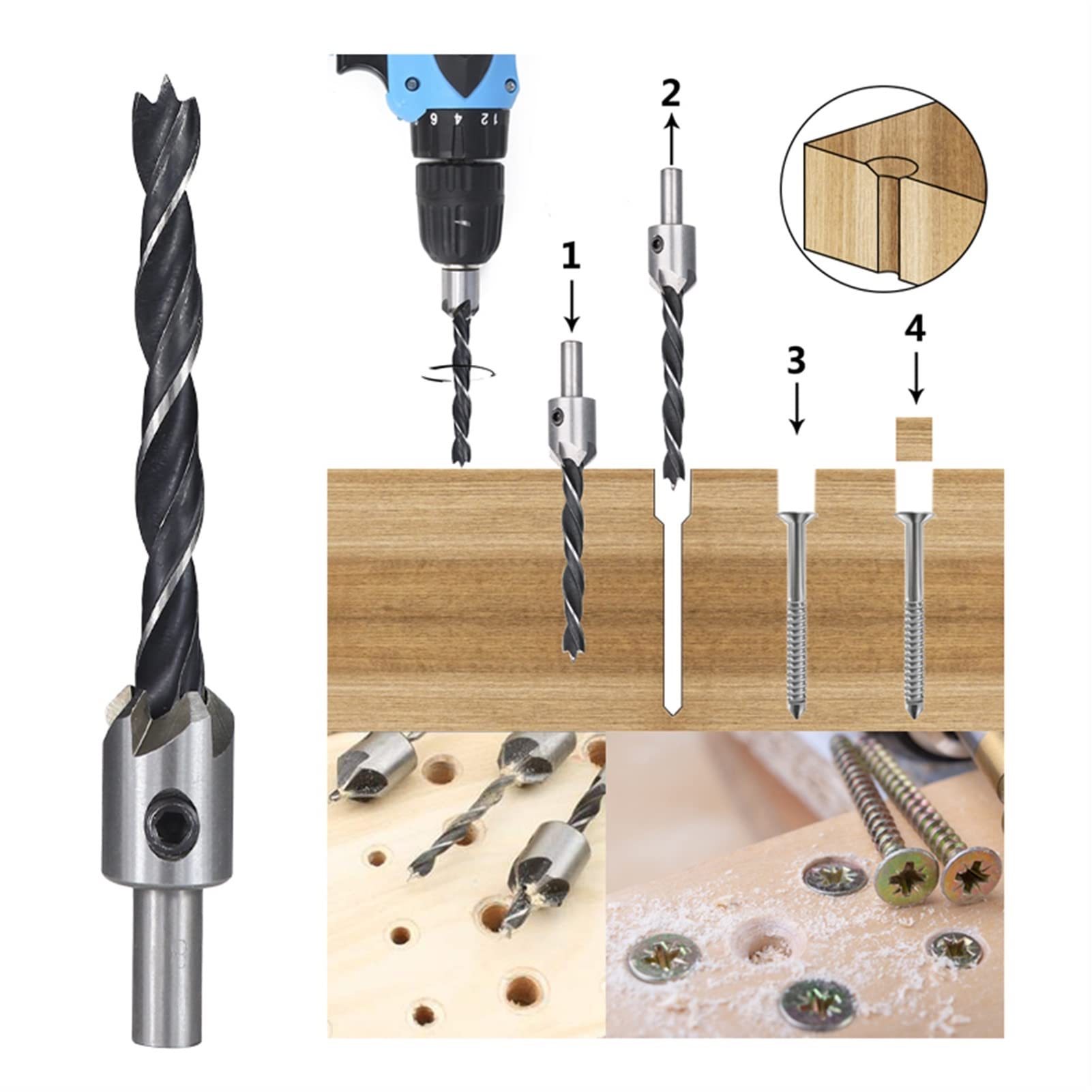 KIRANDY HSS Countersink Drill Bit Set - 7pcs 3-10mm Woodworking Chamfer Tool for Pilot Holes & Screw Heads - Perfect for DIY Projects, Cabinetry & Metalworking