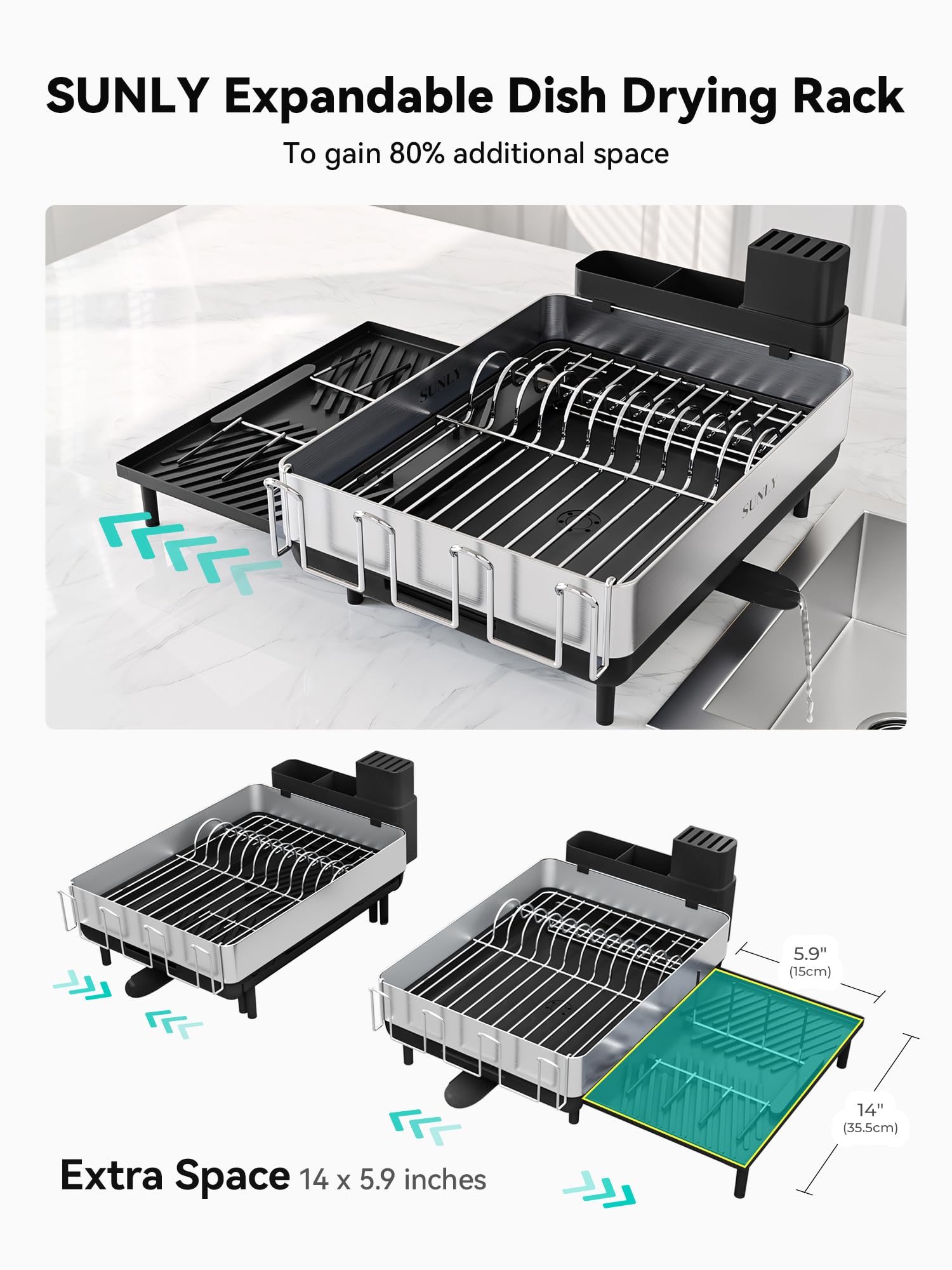 **SUNLY Large Expandable Dish Drying Rack - 304 Stainless Steel Space-Saving Kitchen Counter Drainer with Flip-Up Pegs - Perfect for Small Kitchens, Apartments & Dishwashing Organization (Black)**