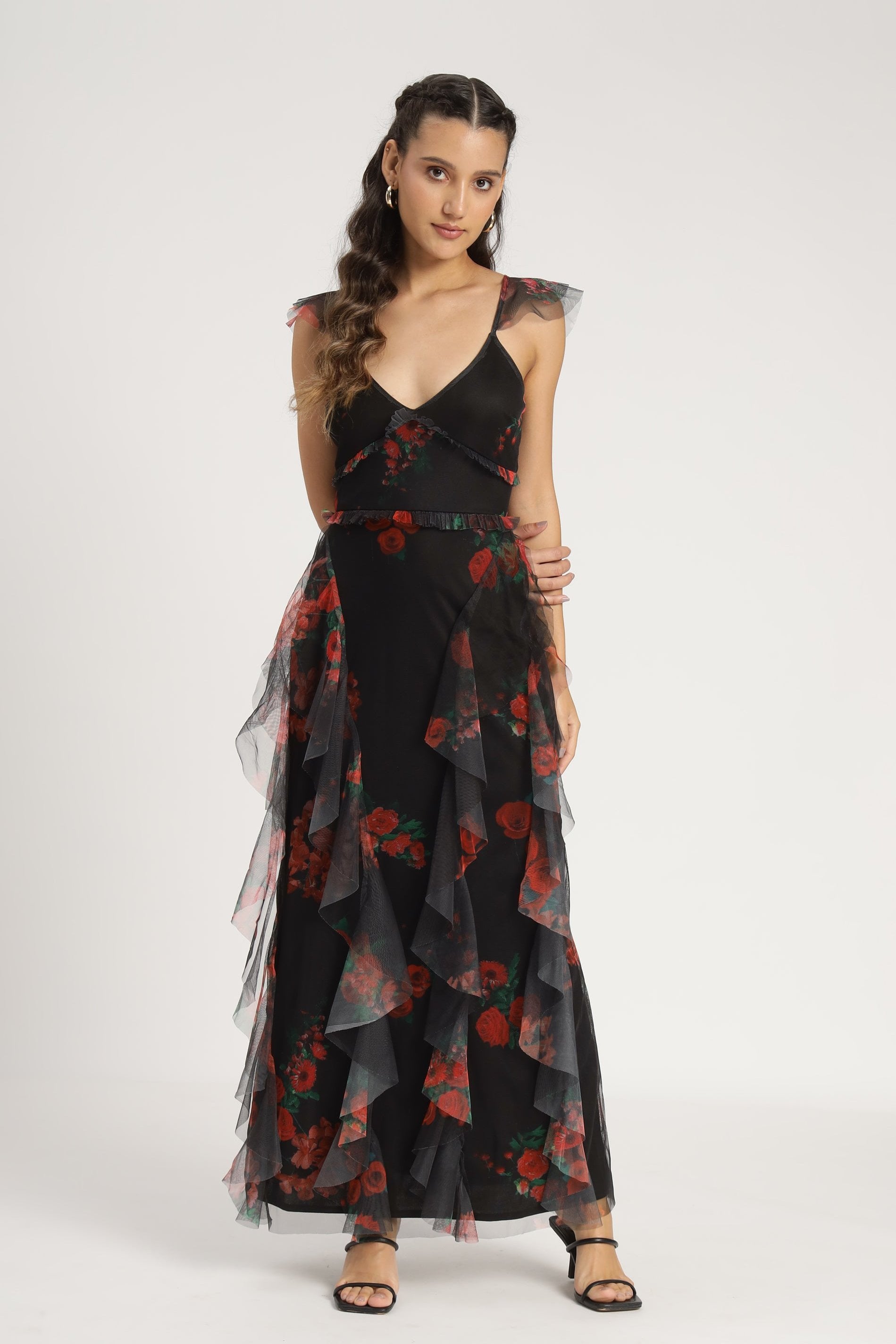 Malin Maxi Dress - Black & Red Floral Print Long Summer Dress for Women | Beach Vacation, Wedding Guest, Party Outfit