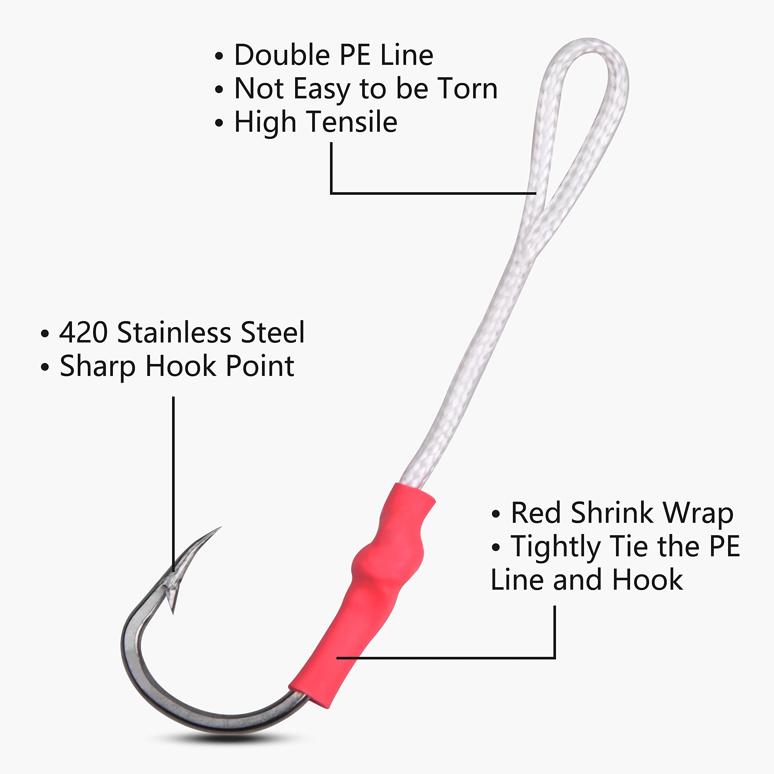 OROOTL Fishing Assist Hooks with PE Line - 60pcs Saltwater Butterfly & Slow Pitch Jigging Hooks (1/0-10/0) - Stainless Steel Vertical Jig Hooks for Trolling - Perfect for Deep Sea Fishing & Offshore Angling