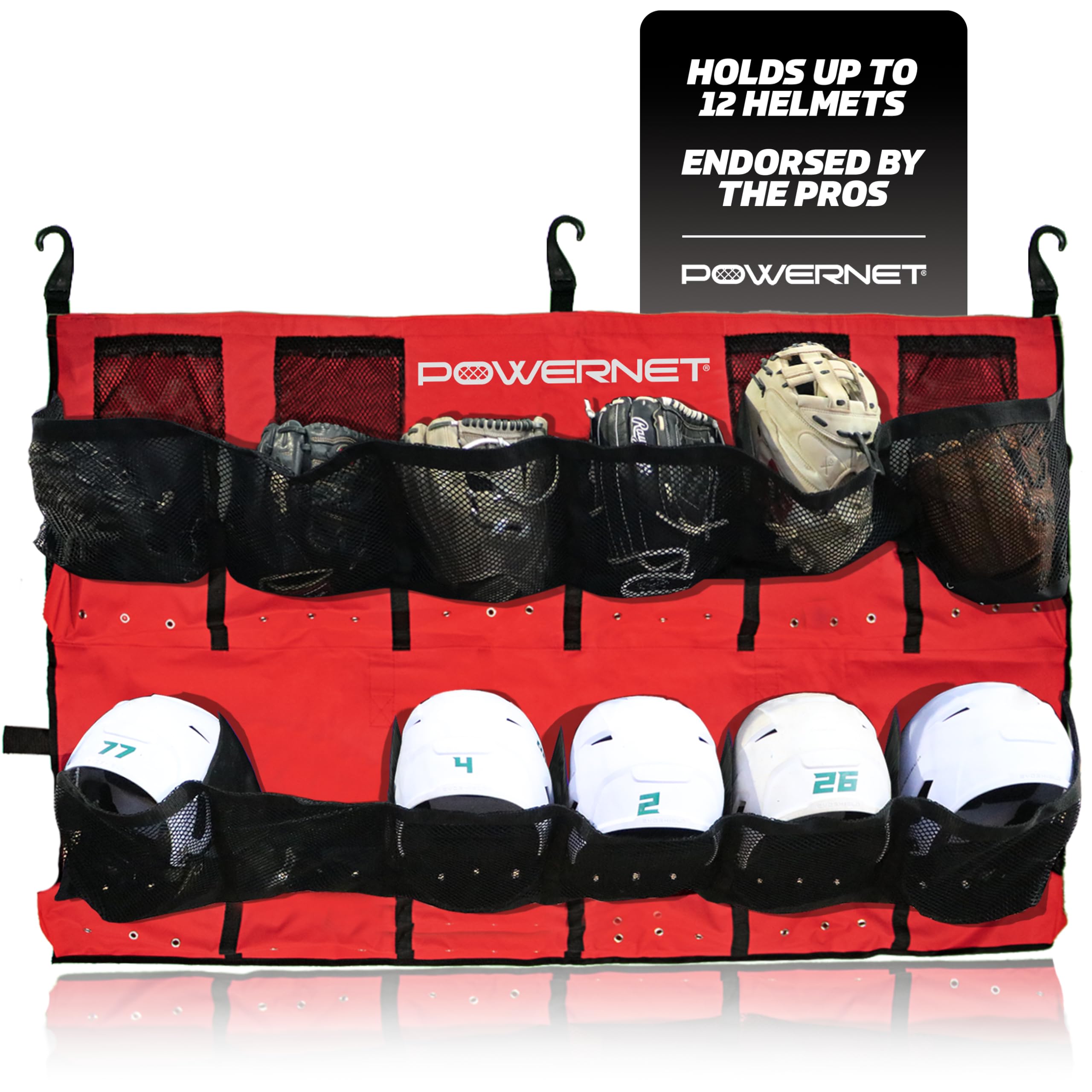 PowerNet Baseball & Softball Helmet Hanging Bag - 12 Pocket Glove & Helmet Storage Organizer - Portable Dugout Gear Holder for Training Equipment (Team Colors) - Perfect for Team Dugouts, Home Storage & Baseball Practice Sessions