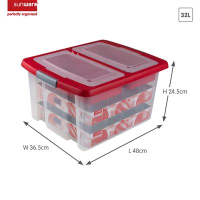 Nesta Christmas Storage Box 32L with Trays - Holds 32 Baubles, Transparent Red - Perfect for Holiday Ornament Organization & Seasonal Decor Storage - 10% Off