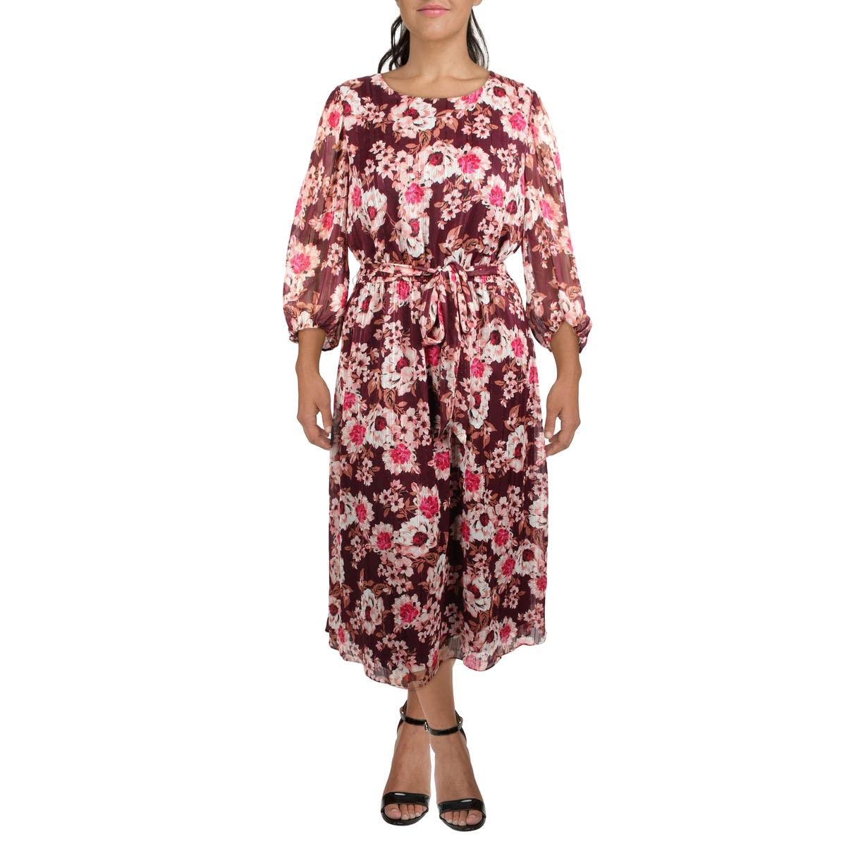 Floral Print Elastic Waist Summer Dress for Women - Comfortable Stretchy A-Line Midi Dress with Pockets | Perfect for Casual Outings, Brunch Dates & Vacation Wear (Size M)